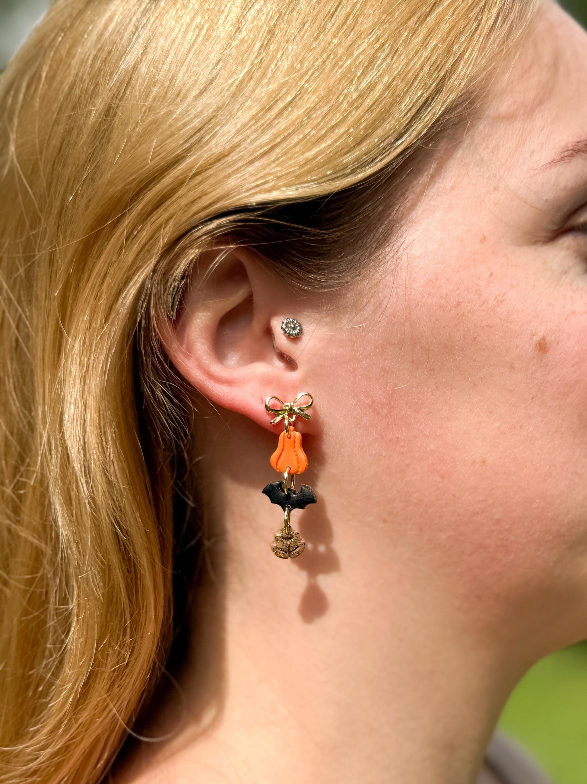 Pumpkin Bat Earrings • Clay & Glitter Dangles • Gold Bow Studs • Halloween Earrings • Spooky Cute Fall Jewelry • Autumn Party Gift