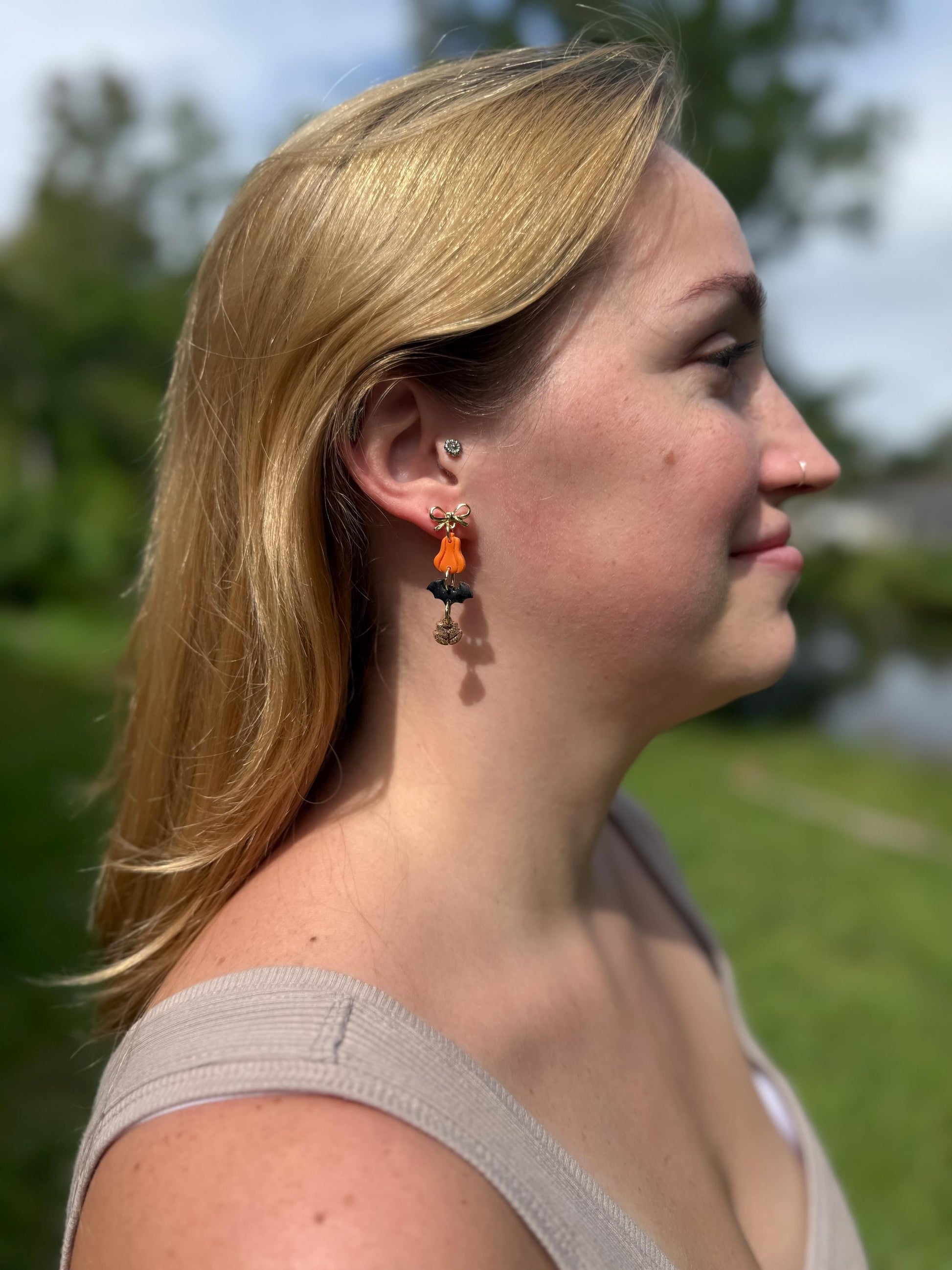 Pumpkin Bat Earrings • Clay & Glitter Dangles • Gold Bow Studs • Halloween Earrings • Spooky Cute Fall Jewelry • Autumn Party Gift