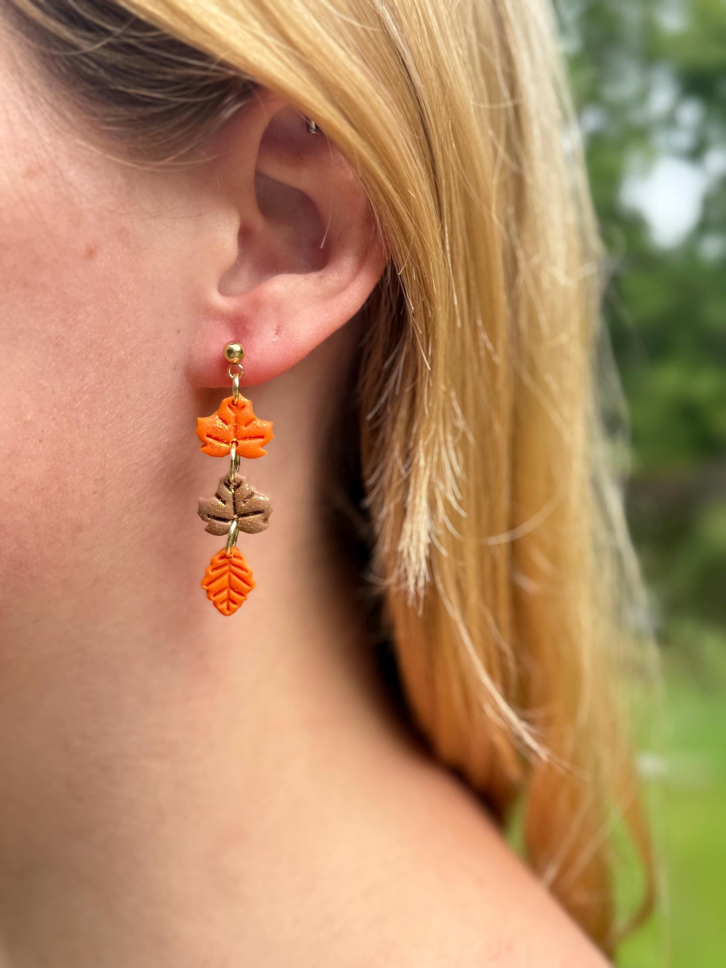 Polymer Clay Fall Leaf Earrings: Glittering Maple & Oak, Gold Posts