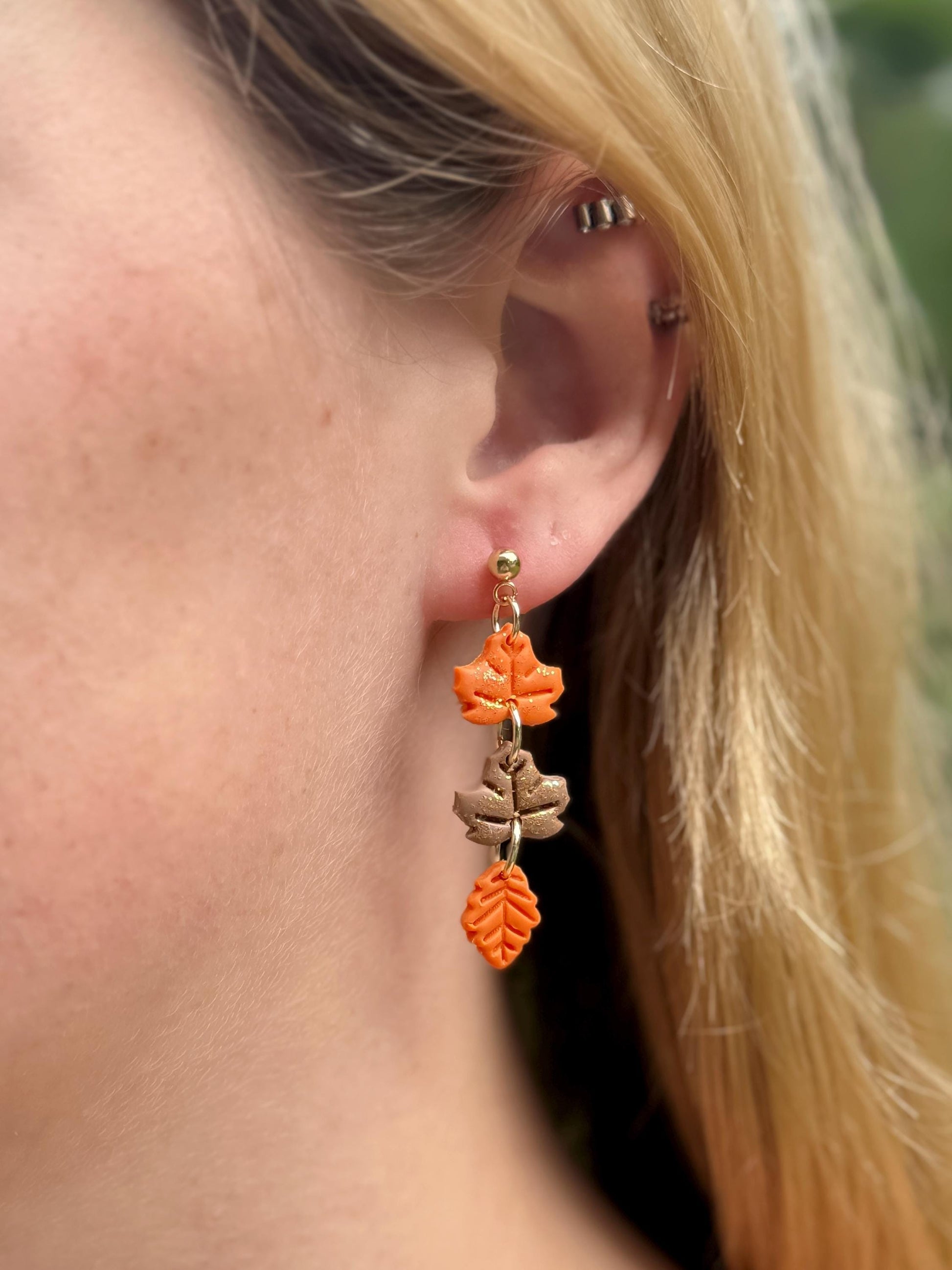 Polymer Clay Fall Leaf Earrings: Glittering Maple & Oak, Gold Posts