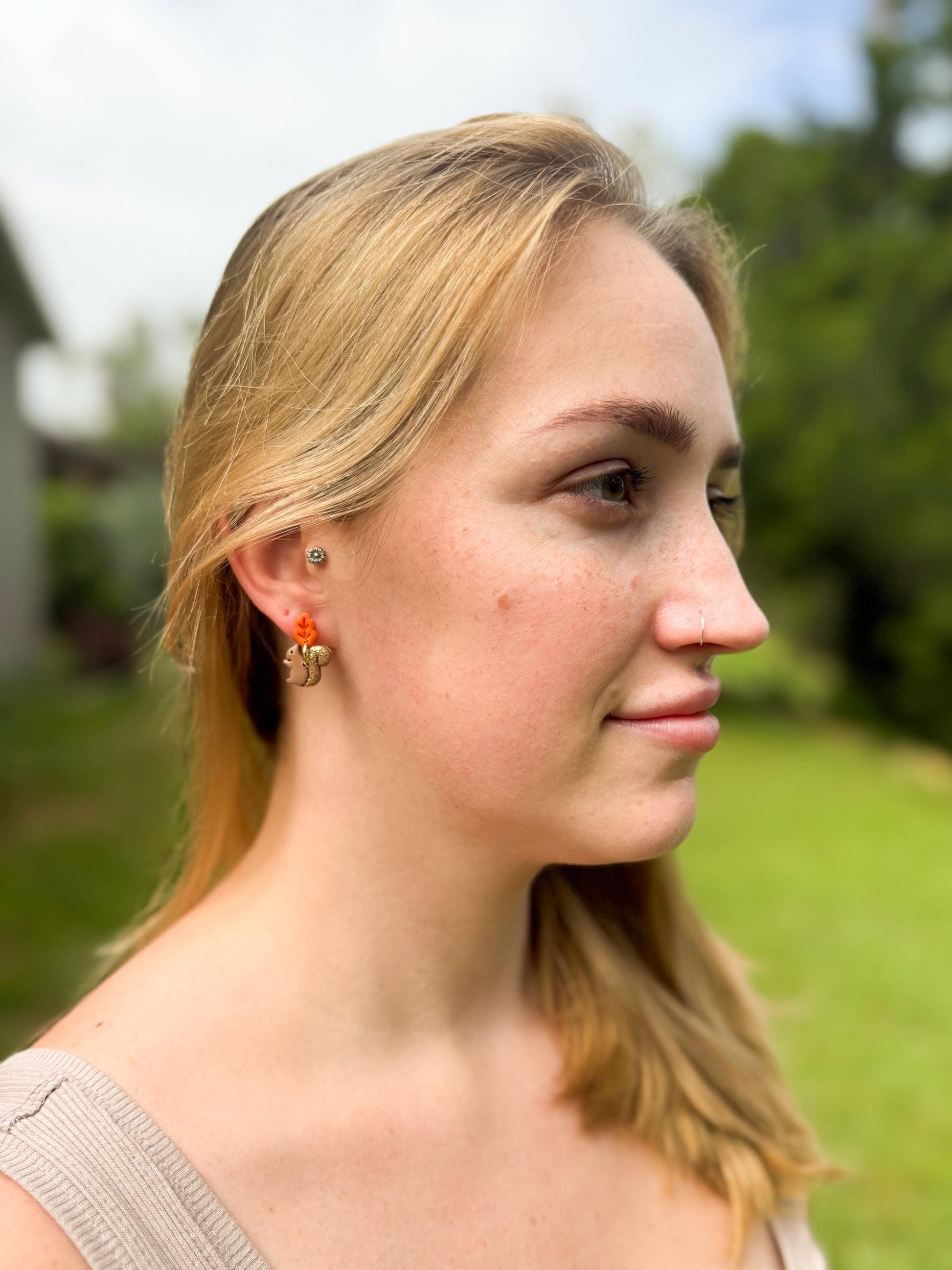 Woodland Squirrel Earrings: Glitter Tail, Leaf Studs, Polymer Clay
