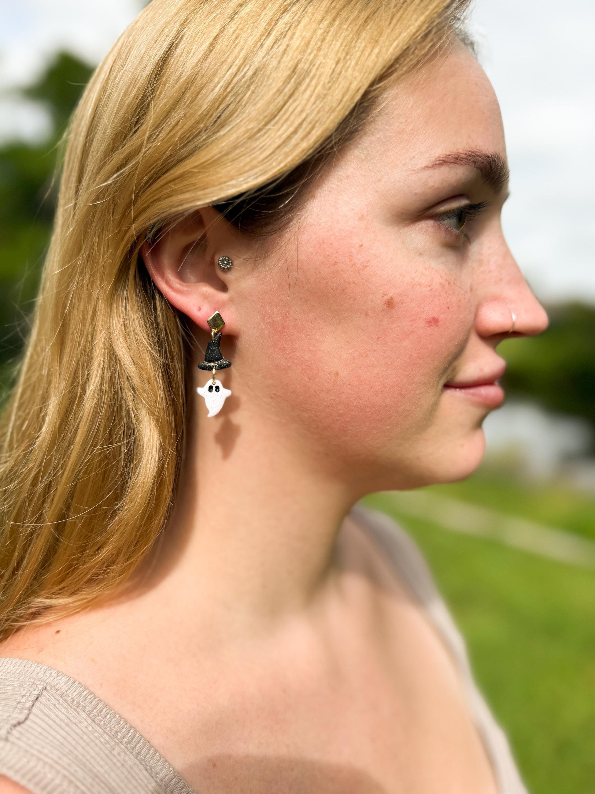 Ghost Witch Hat Earrings: Handmade Polymer Clay Halloween Dangles