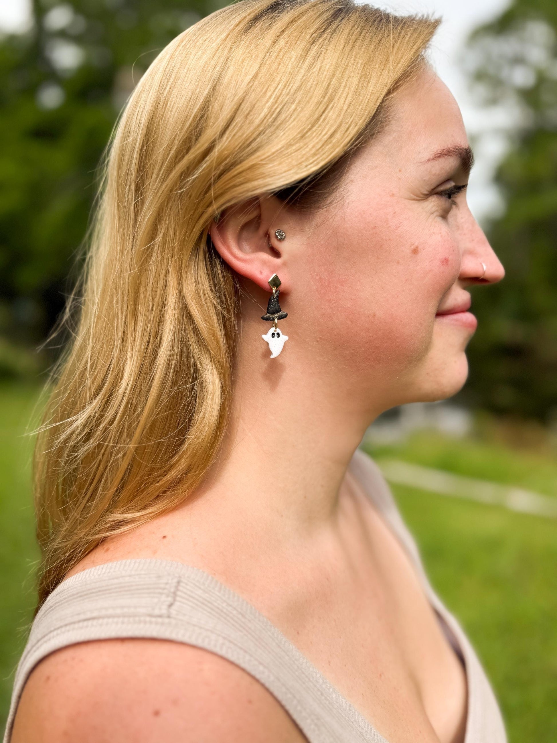 Ghost Witch Hat Earrings: Handmade Polymer Clay Halloween Dangles