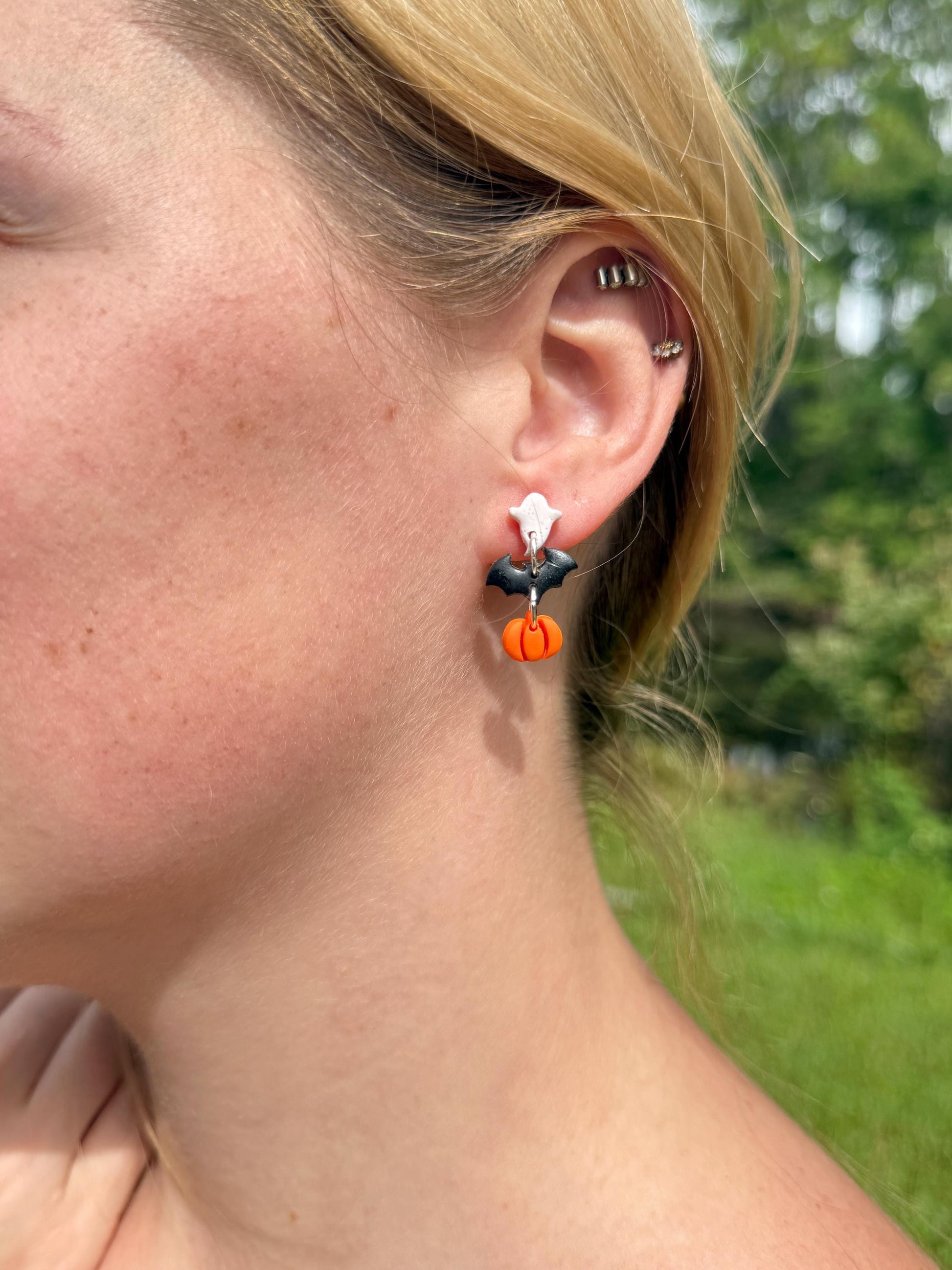 Ghost Bat Pumpkin Halloween Earrings: Polymer Clay Spooky Jewelry