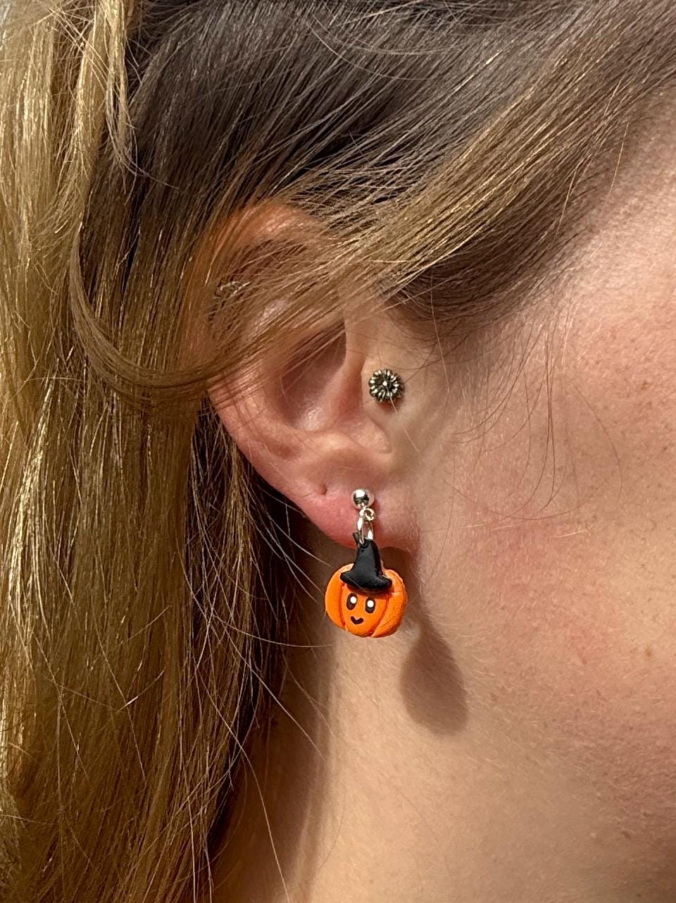 Kawaii Pumpkin Witch Earrings: Polymer Clay Dangles, Nickel-Free