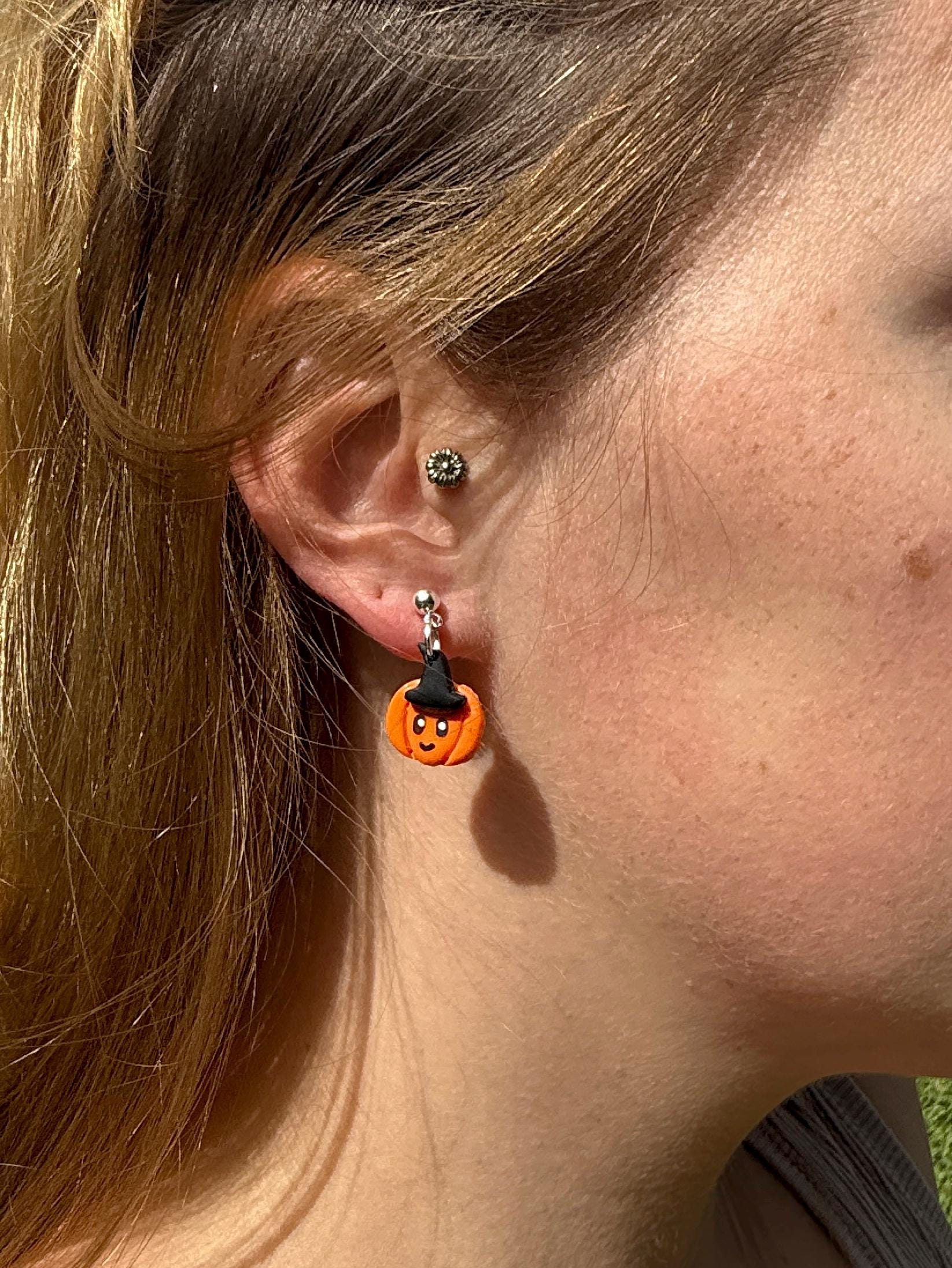Kawaii Pumpkin Witch Earrings: Polymer Clay Dangles, Nickel-Free
