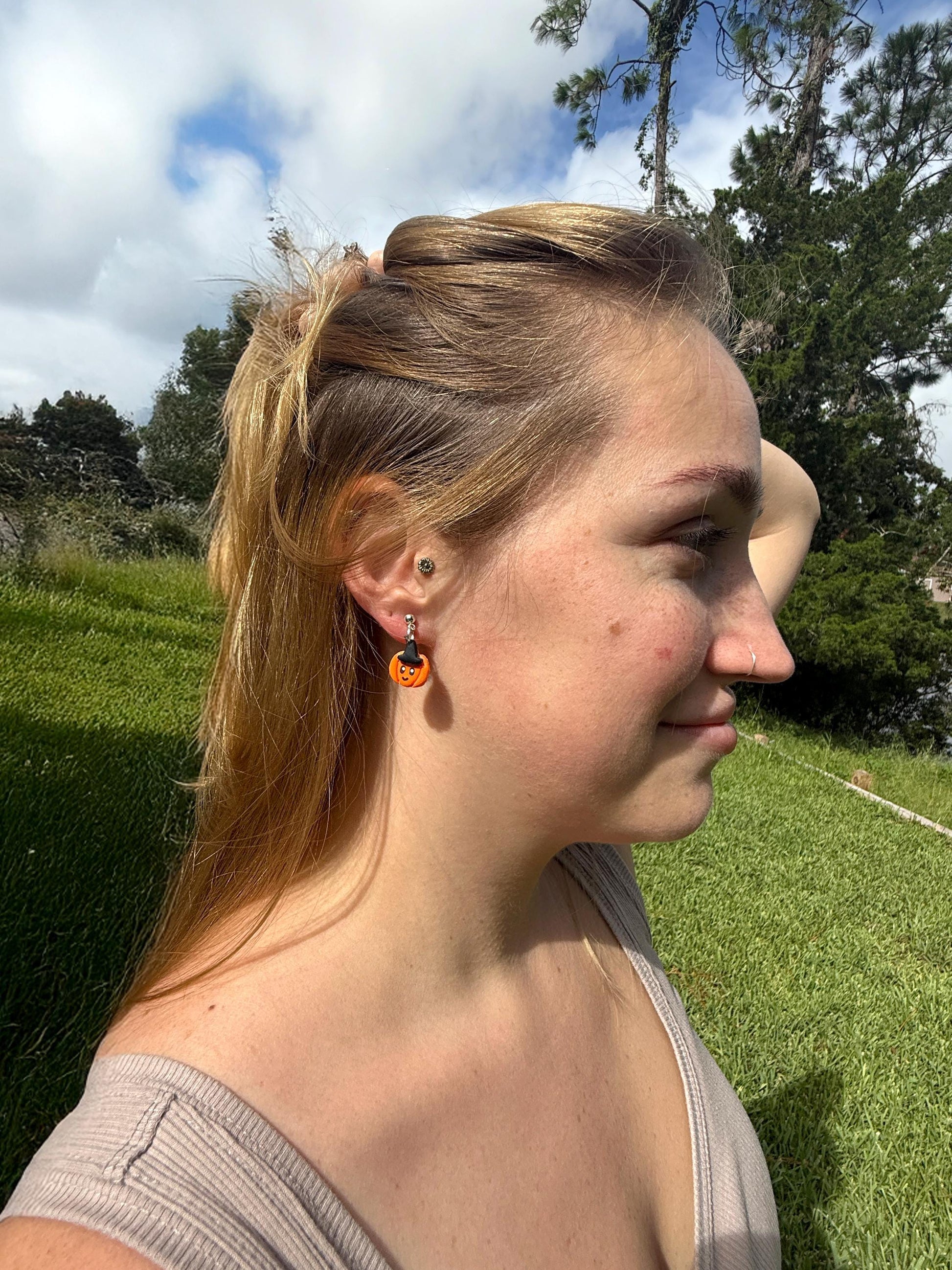 Kawaii Pumpkin Witch Earrings: Polymer Clay Dangles, Nickel-Free