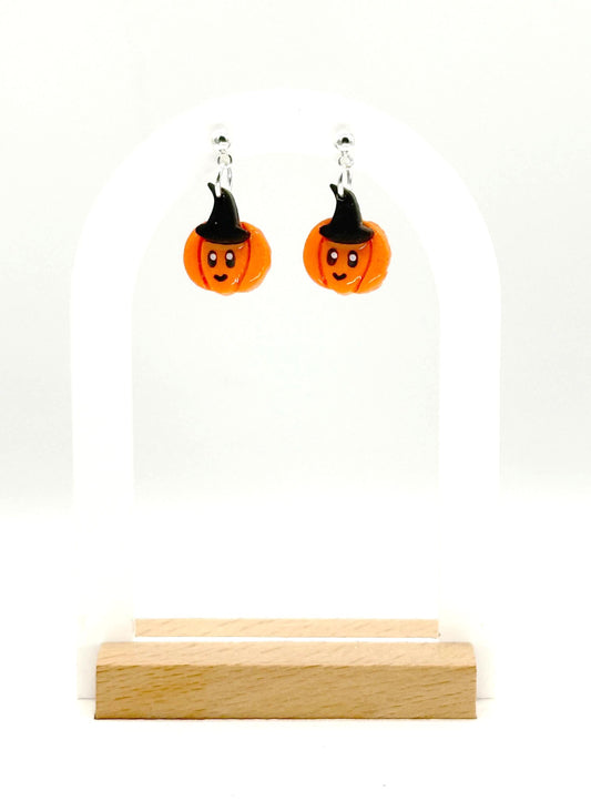 Kawaii Pumpkin Witch Earrings: Polymer Clay Dangles, Nickel-Free