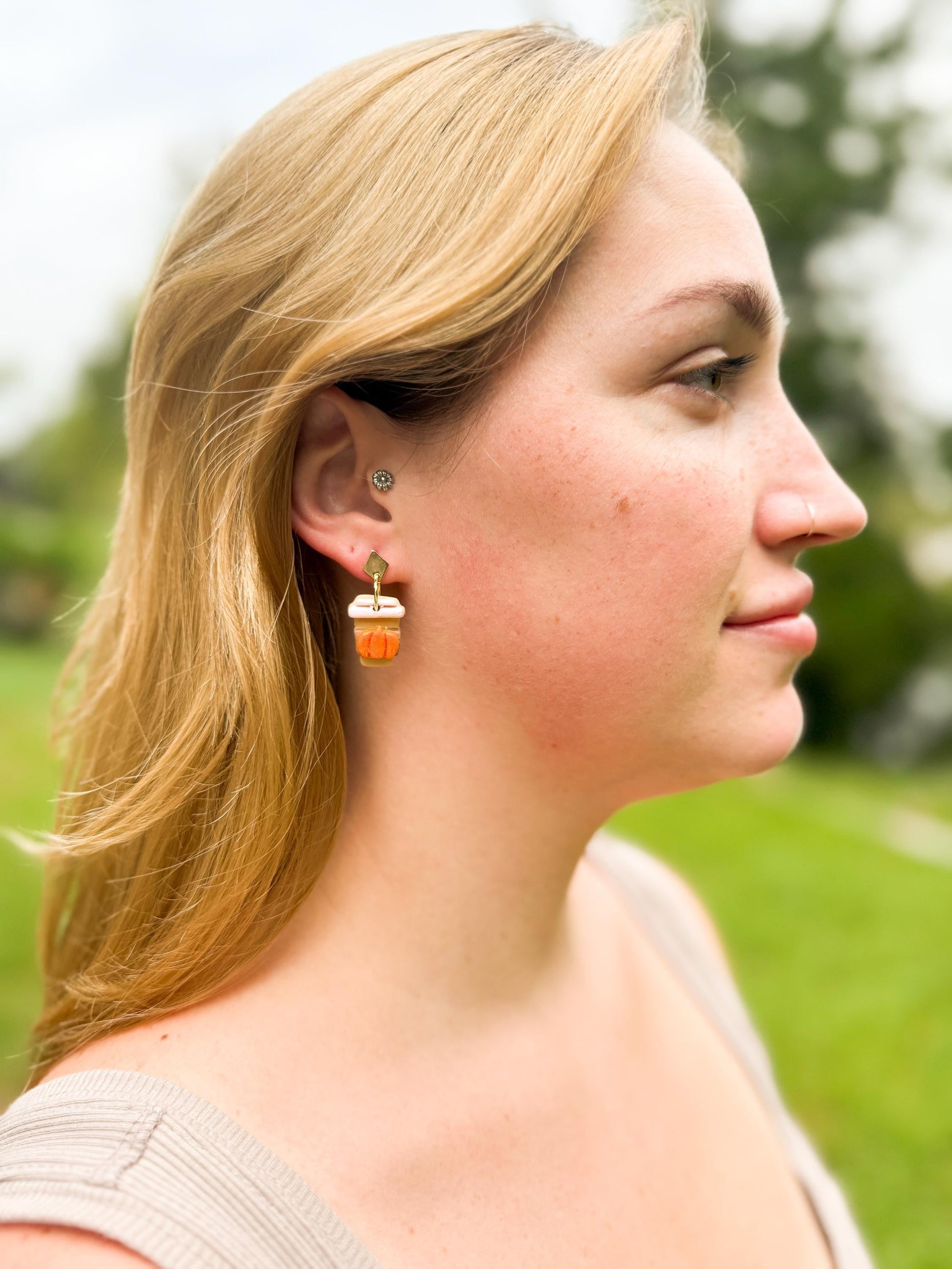 Pumpkin Spice Latte Earrings – Polymer Clay Coffee Dangles, Fall Glitter, Mismatched