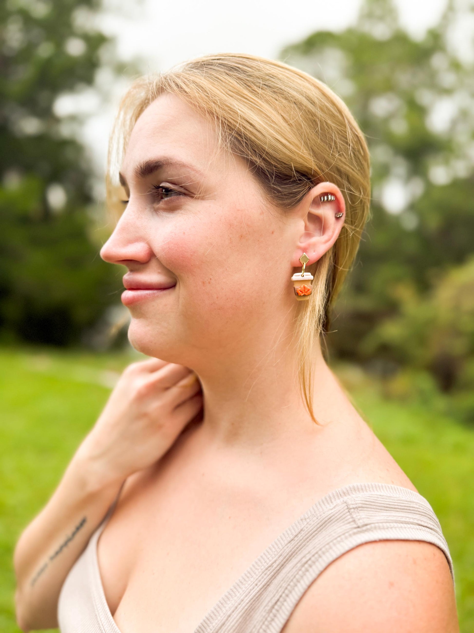 Pumpkin Spice Latte Earrings – Polymer Clay Coffee Dangles, Fall Glitter, Mismatched