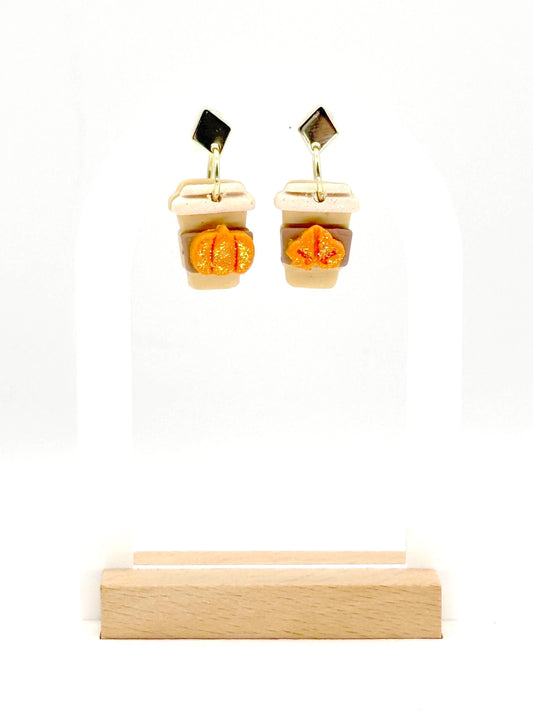 Pumpkin Spice Latte Earrings – Polymer Clay Coffee Dangles, Fall Glitter, Mismatched