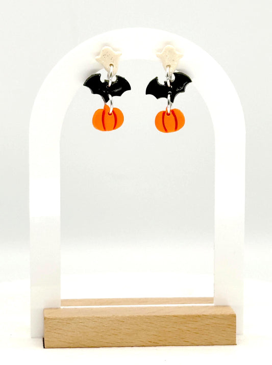Ghost Bat Pumpkin Halloween Earrings: Polymer Clay Spooky Jewelry