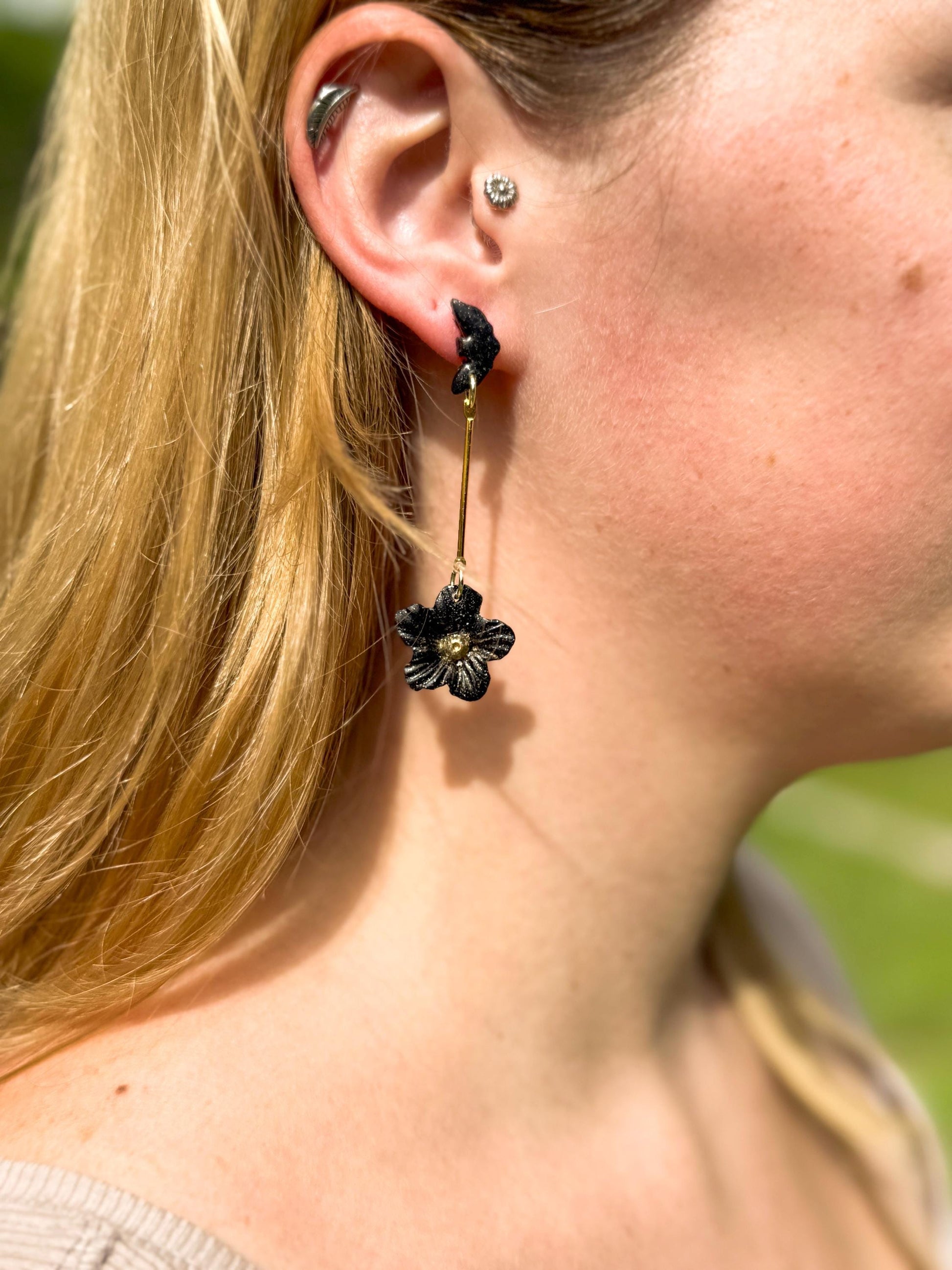 Black Bat & Flower Dangle Earrings: Handmade Polymer Clay Gothic Jewelry