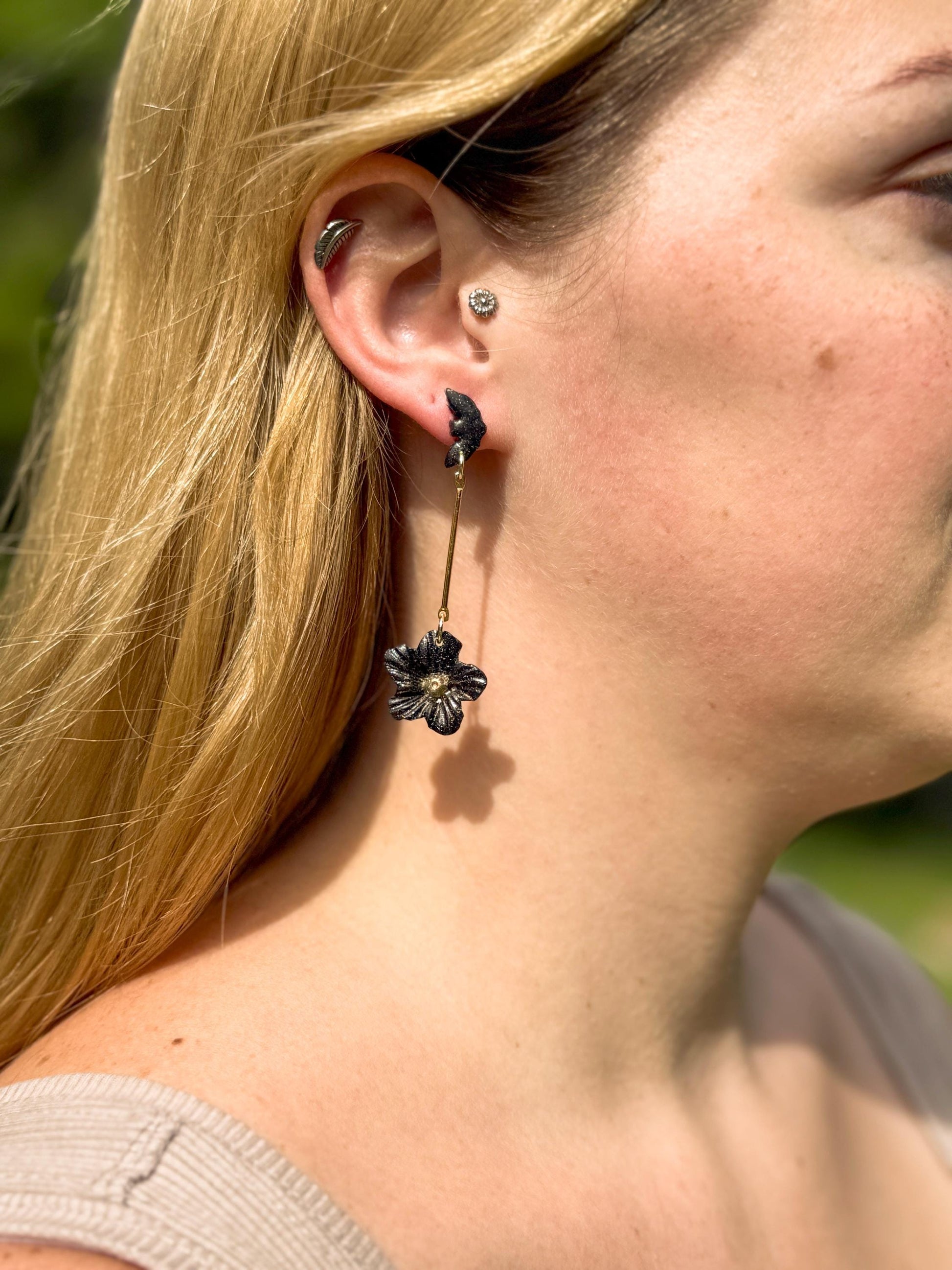 Black Bat & Flower Dangle Earrings: Handmade Polymer Clay Gothic Jewelry