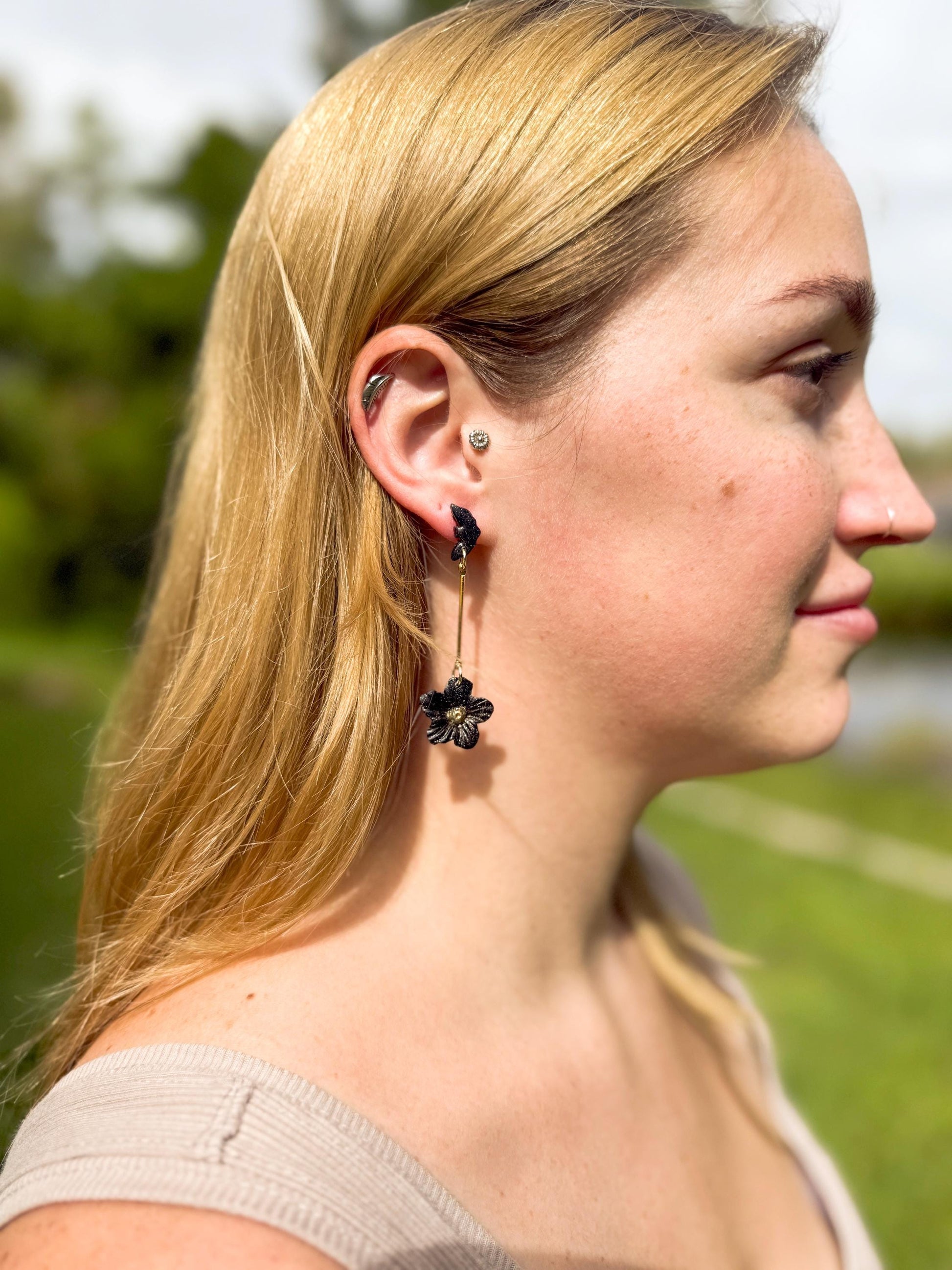 Black Bat & Flower Dangle Earrings: Handmade Polymer Clay Gothic Jewelry