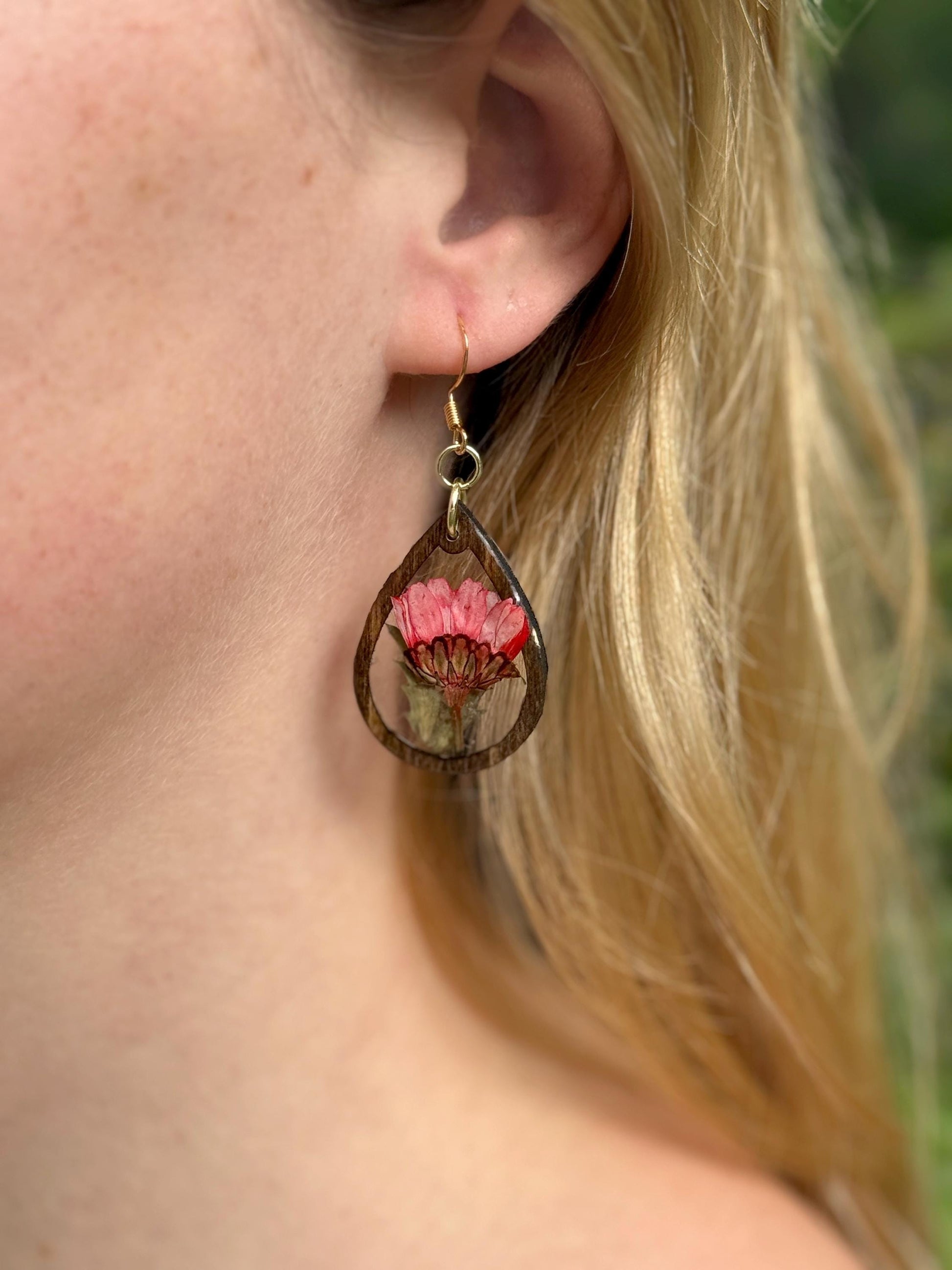 Birth Flower Earrings, Floral Resin Earrings | Rustic Wood Teardrop Dangles with Real Pressed Flowers