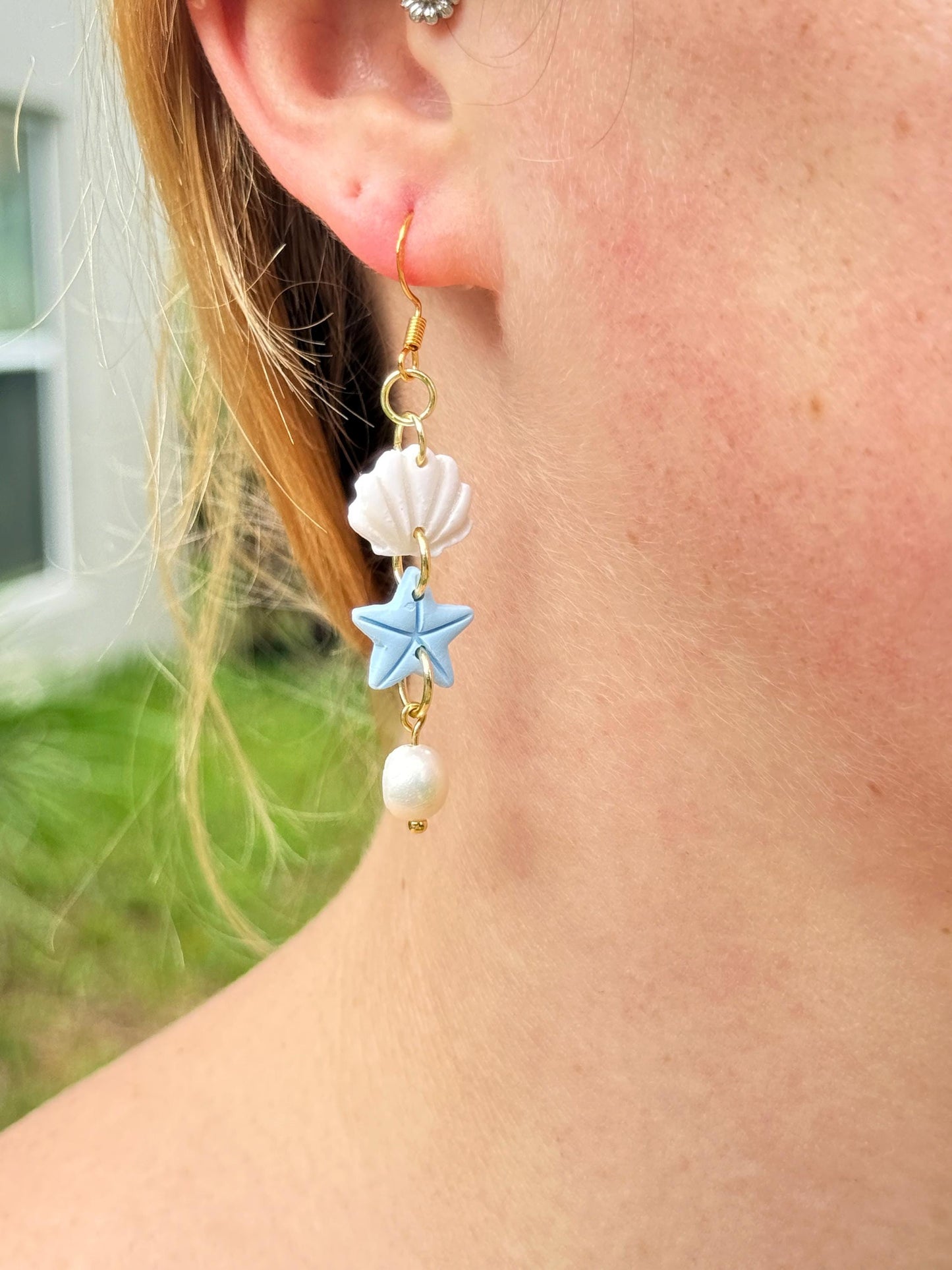Funky earrings, baroque pearl earrings – Mermaid-inspired polymer clay seashell & starfish dangles | Handmade beach jewelry