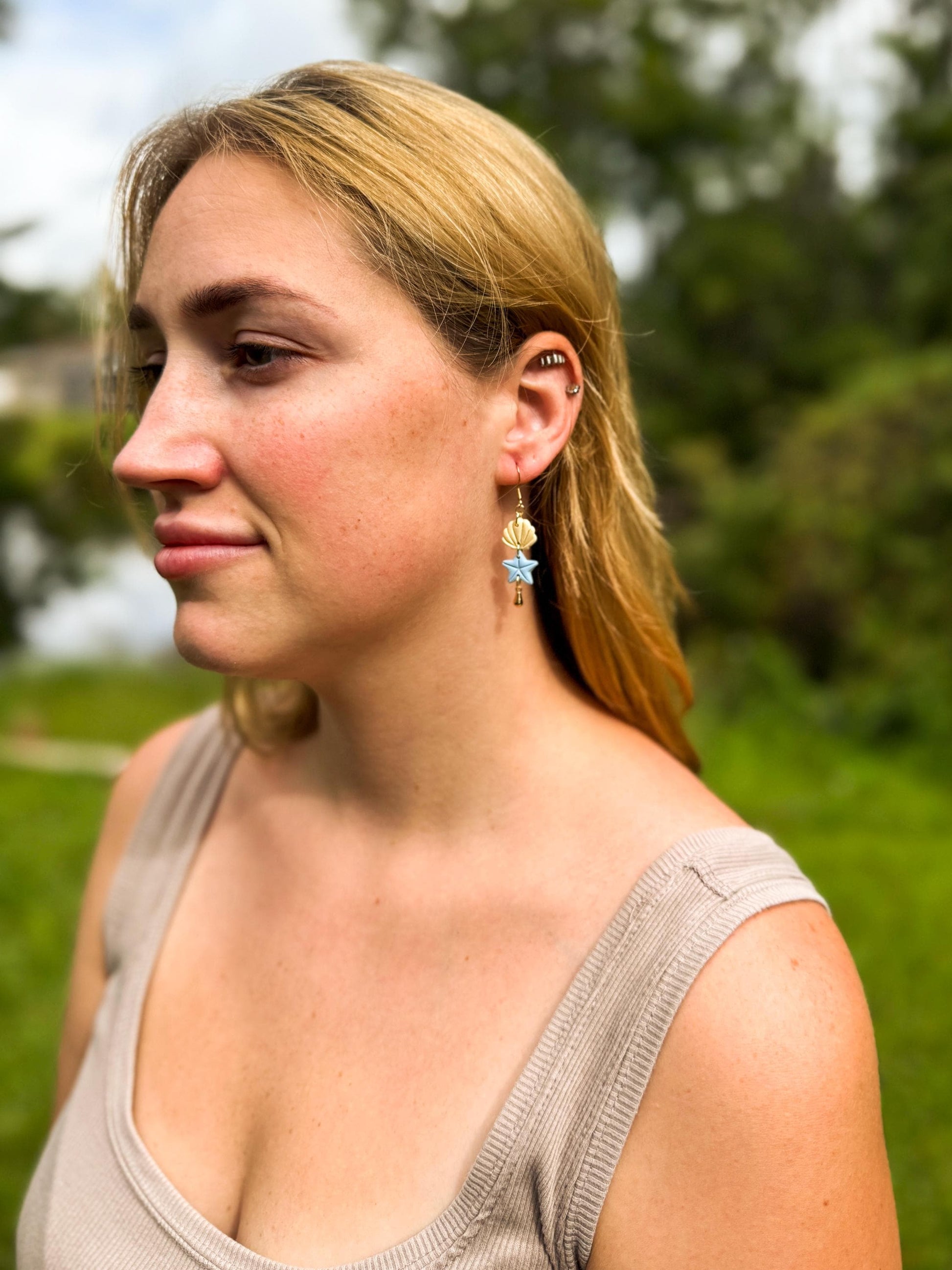 Polymer Clay Seashell Starfish Earrings: Handmade Gold Dangle Beach Jewelry