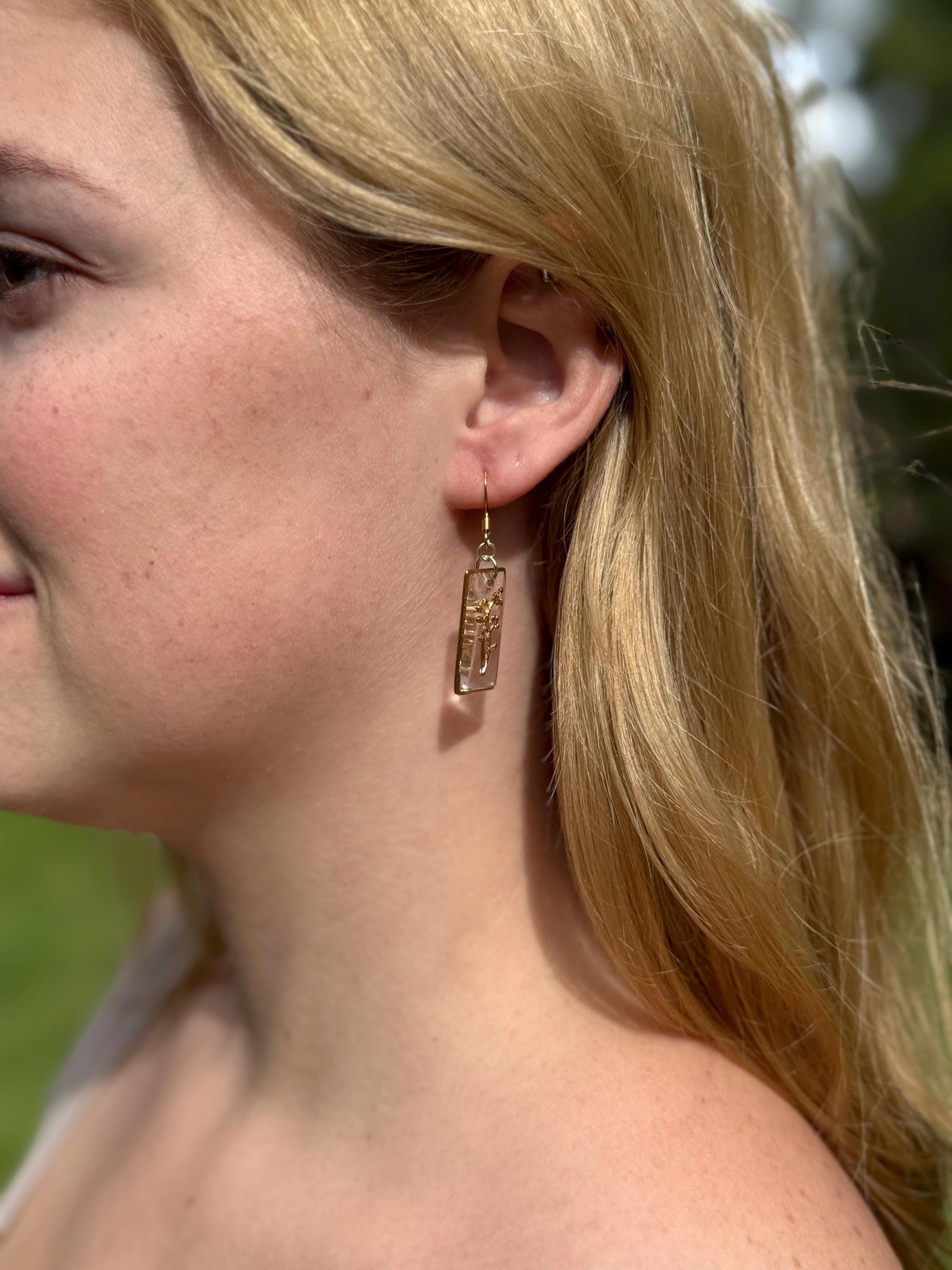 Whimsical earrings, birth flower earrings – Resin-Framed Gold Blossom Drops • Custom Month