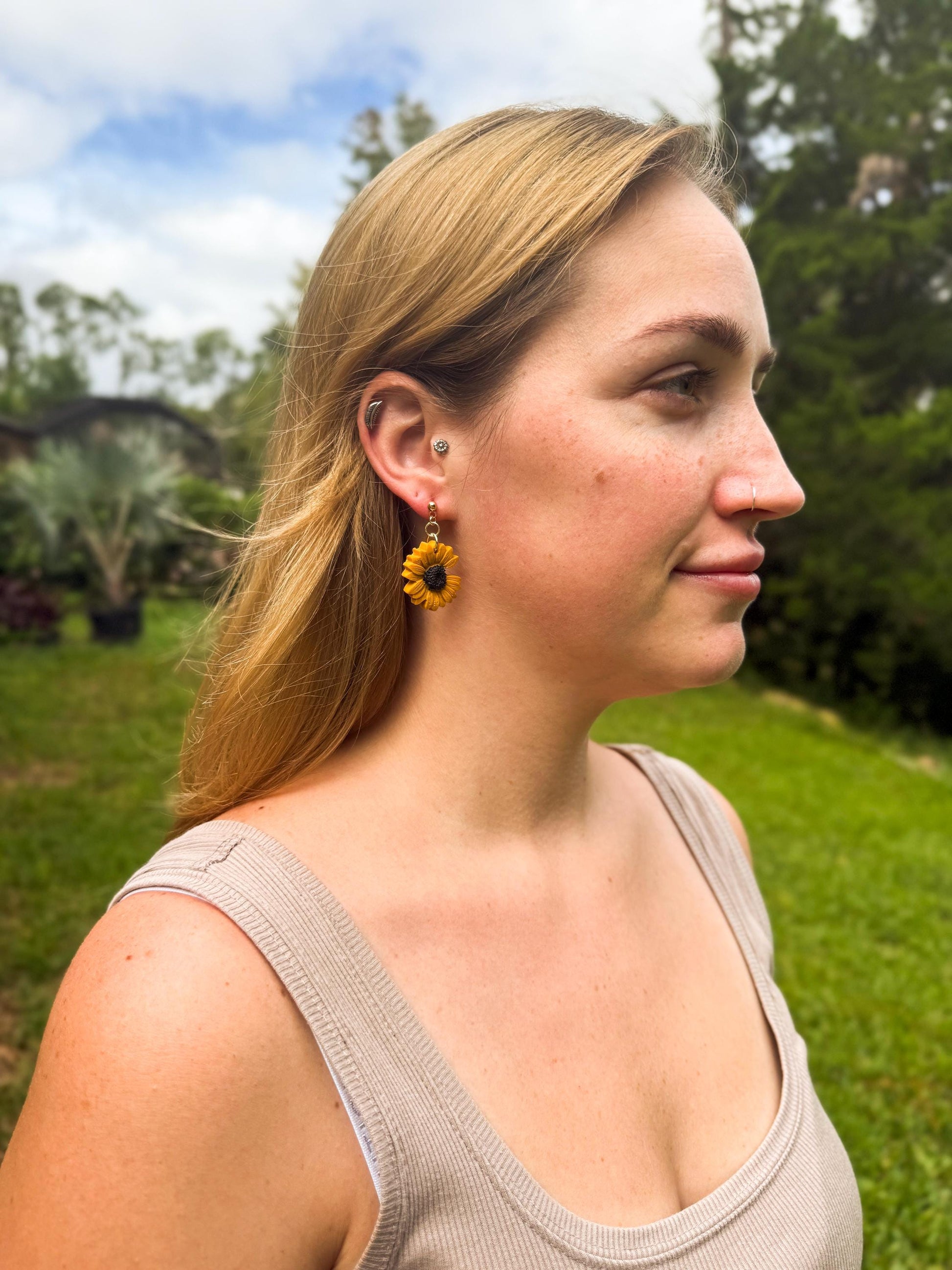 Polymer Clay Sunflower Earrings: 14k Gold Plated Posts