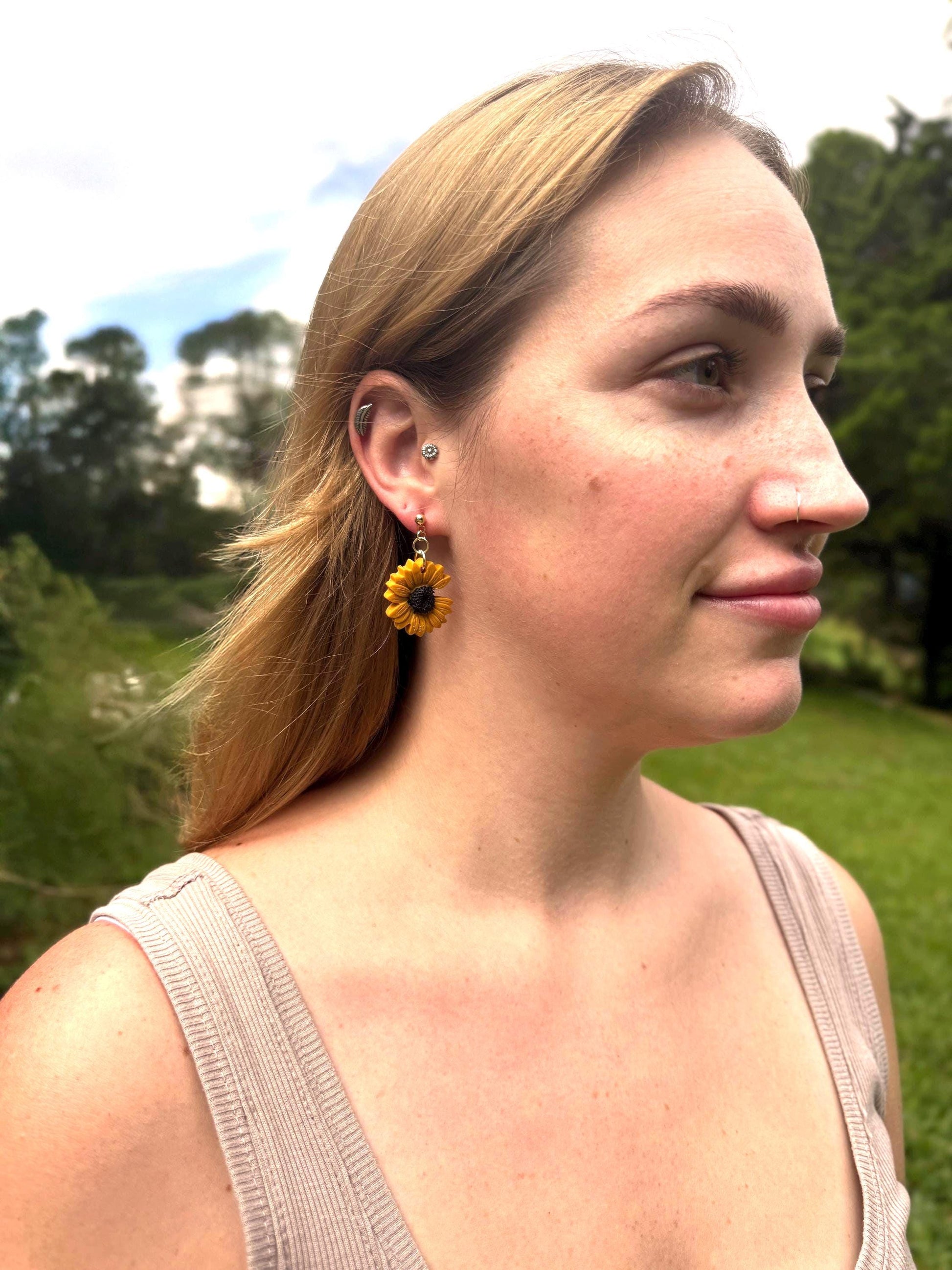 Polymer Clay Sunflower Earrings: 14k Gold Plated Posts