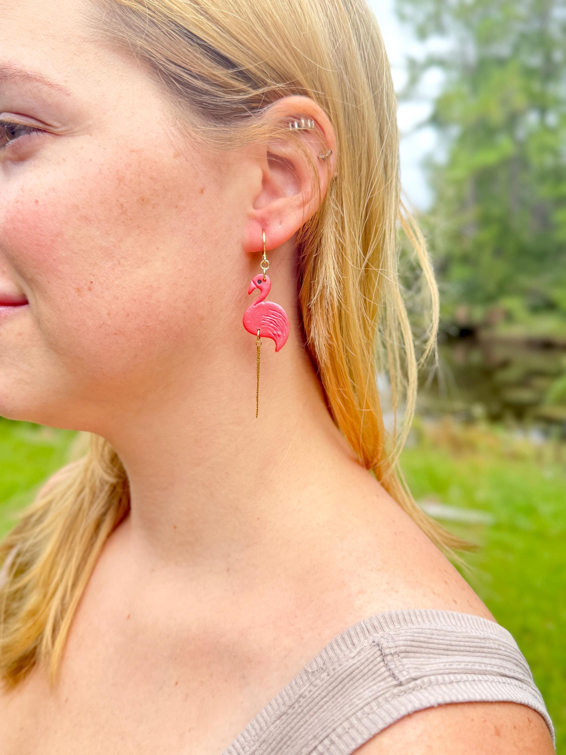 Flamingo Earrings: Pearlescent Pink Polymer Clay Dangles with 14K Gold-Plated Legs