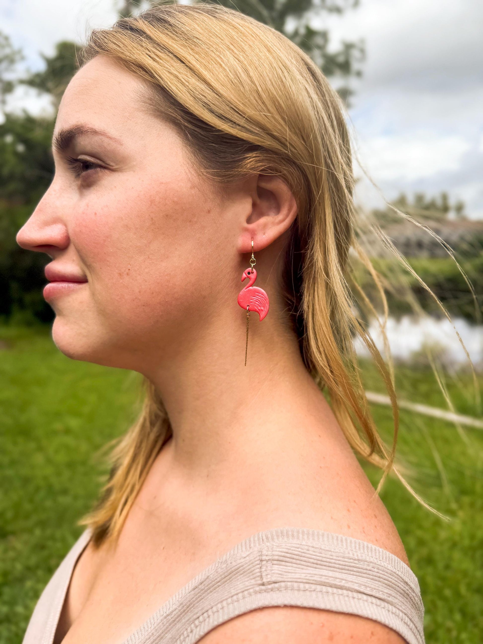Flamingo Earrings: Pearlescent Pink Polymer Clay Dangles with 14K Gold-Plated Legs