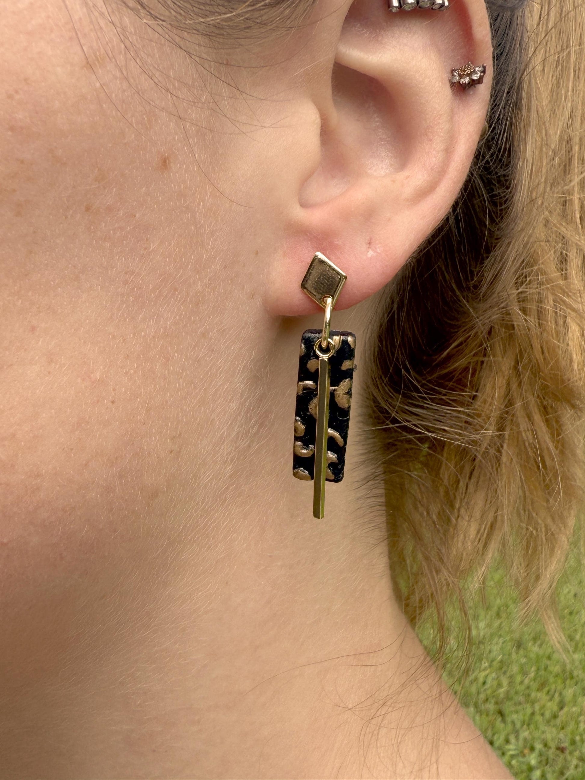 Leopard Print Polymer Clay Dangle Earrings: Gold Bar Cheetah Jewelry