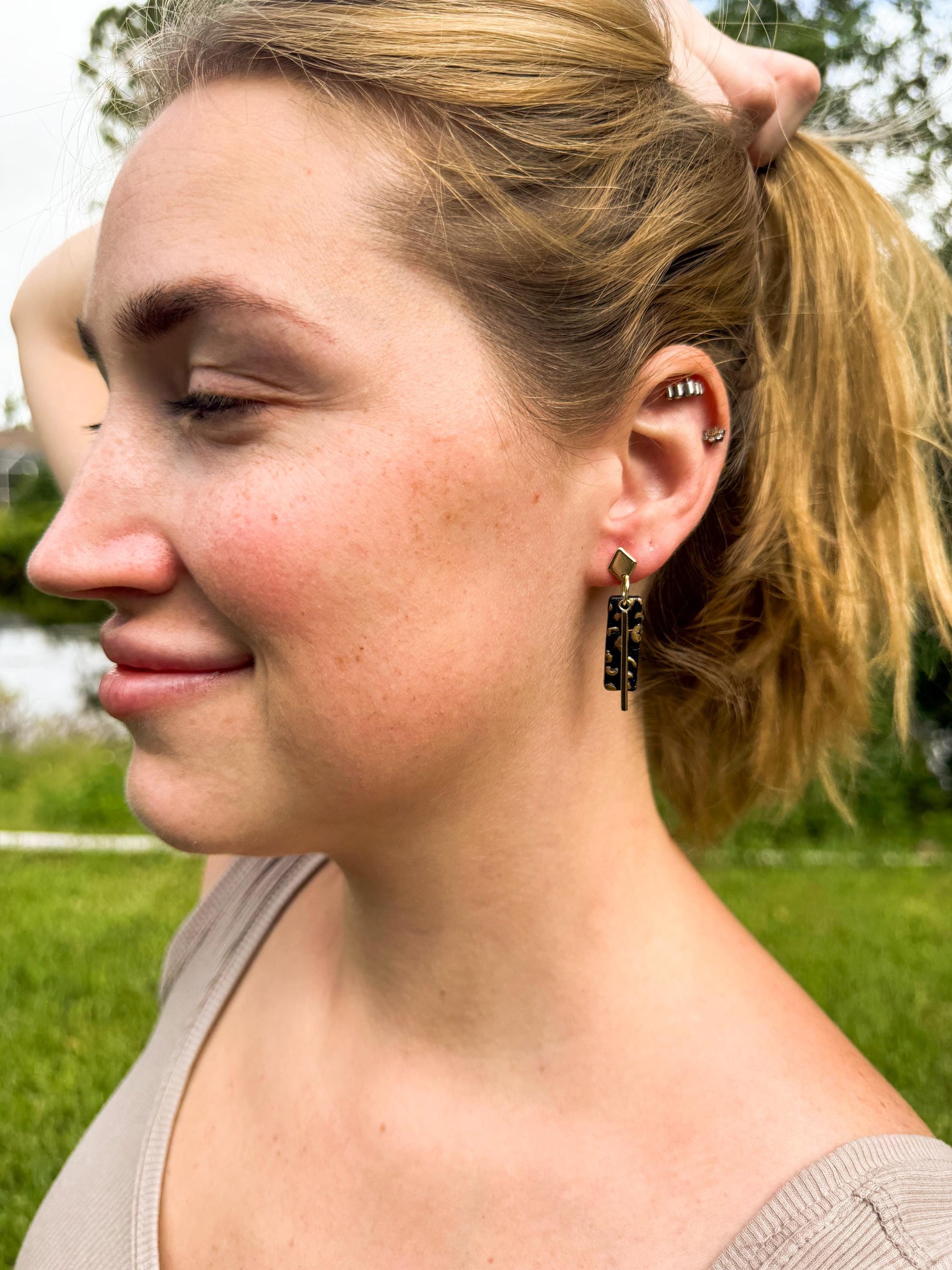 Leopard Print Polymer Clay Dangle Earrings: Gold Bar Cheetah Jewelry