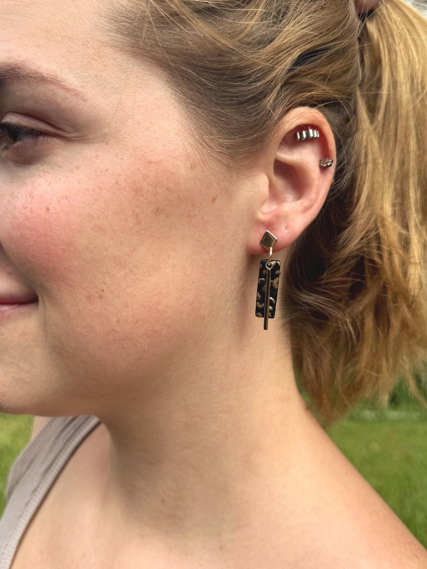 Leopard Print Polymer Clay Dangle Earrings: Gold Bar Cheetah Jewelry