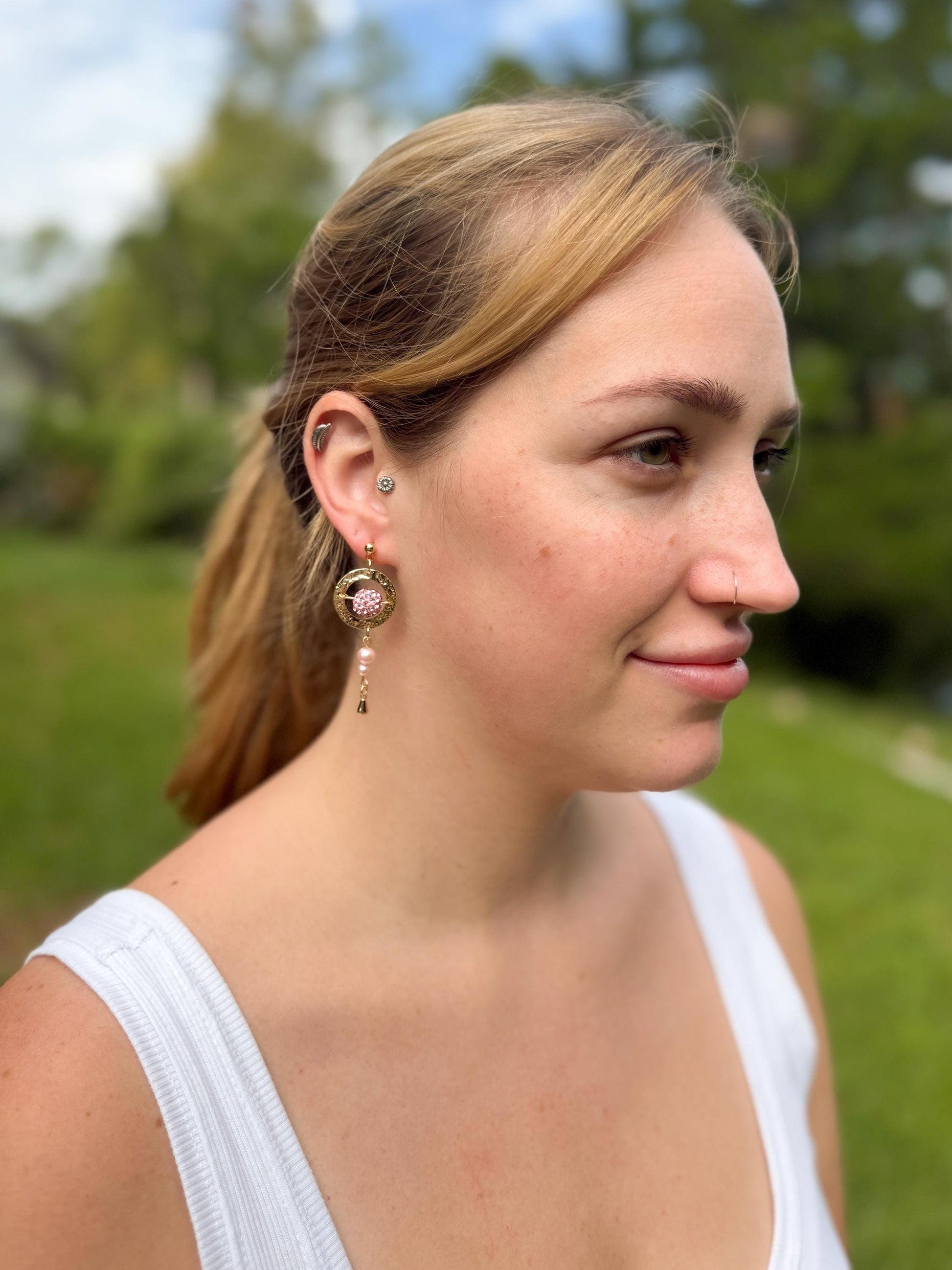 Gold & Pink Bead Drop Earrings – Hammered Hoop Dangles, Feminine Gift