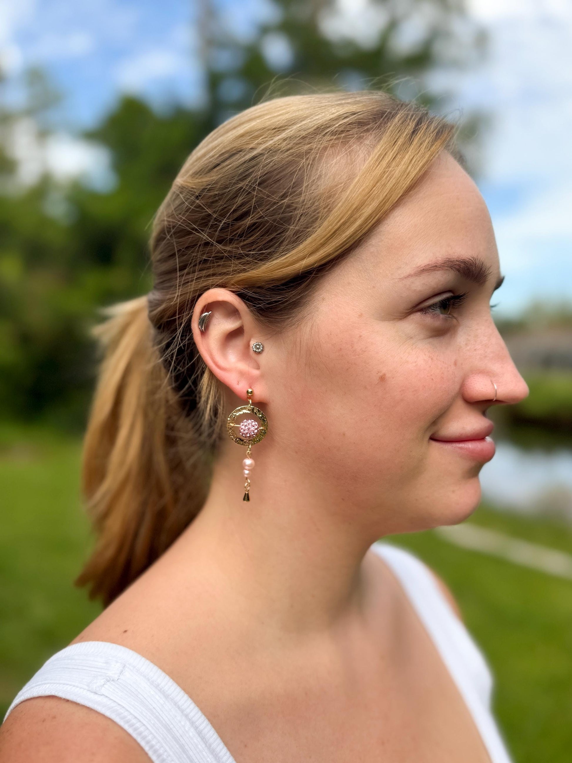 Gold & Pink Bead Drop Earrings – Hammered Hoop Dangles, Feminine Gift