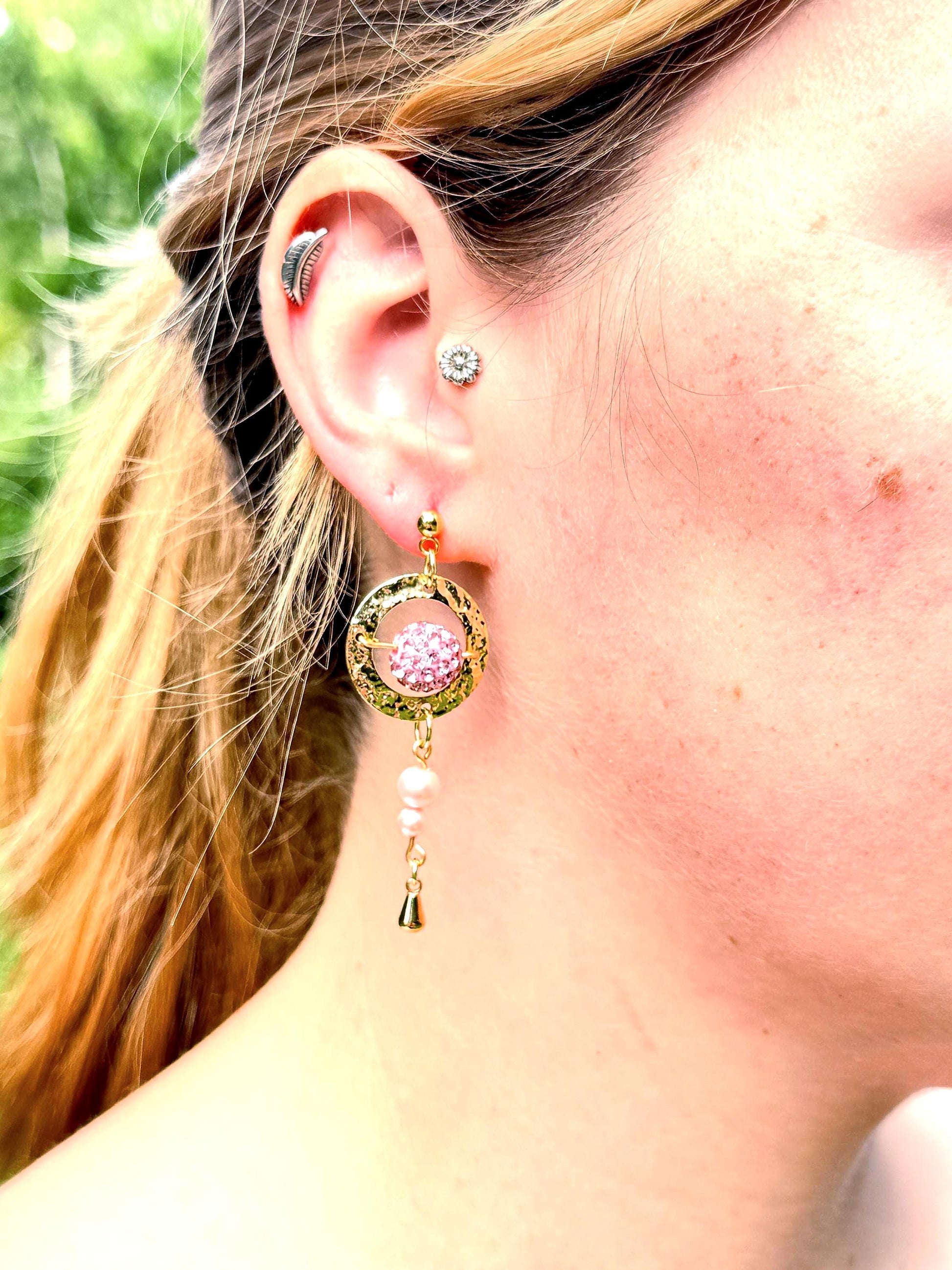 Gold & Pink Bead Drop Earrings – Hammered Hoop Dangles, Feminine Gift