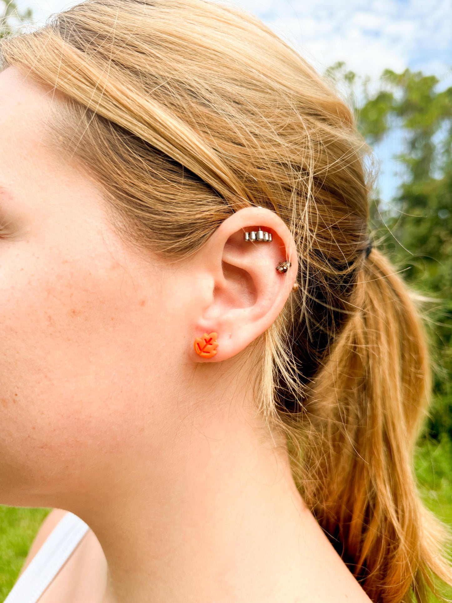 Tiny Fall Stud Earrings – Polymer Clay Pumpkin & Leaf Posts