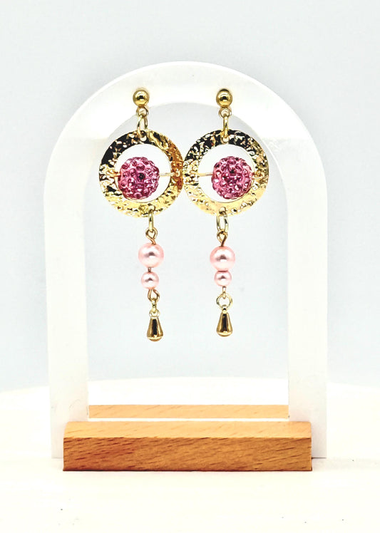 Gold & Pink Bead Drop Earrings – Hammered Hoop Dangles, Feminine Gift