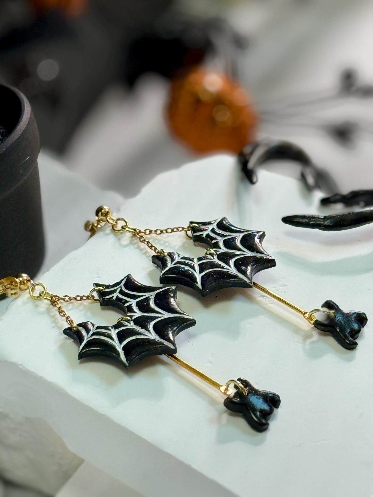 Spiderweb Ghost Dangle Earrings: Black & Gold Polymer Clay, Gold-Plated