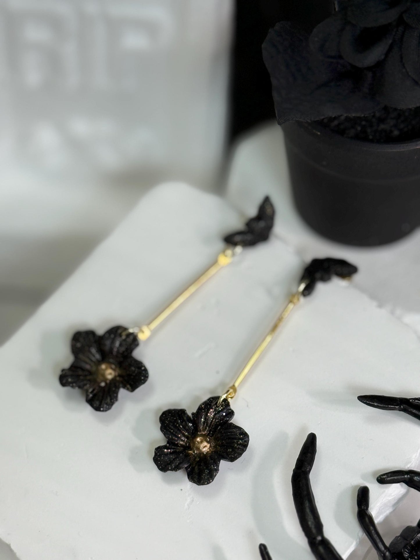 Black Bat & Flower Dangle Earrings: Handmade Polymer Clay Gothic Jewelry