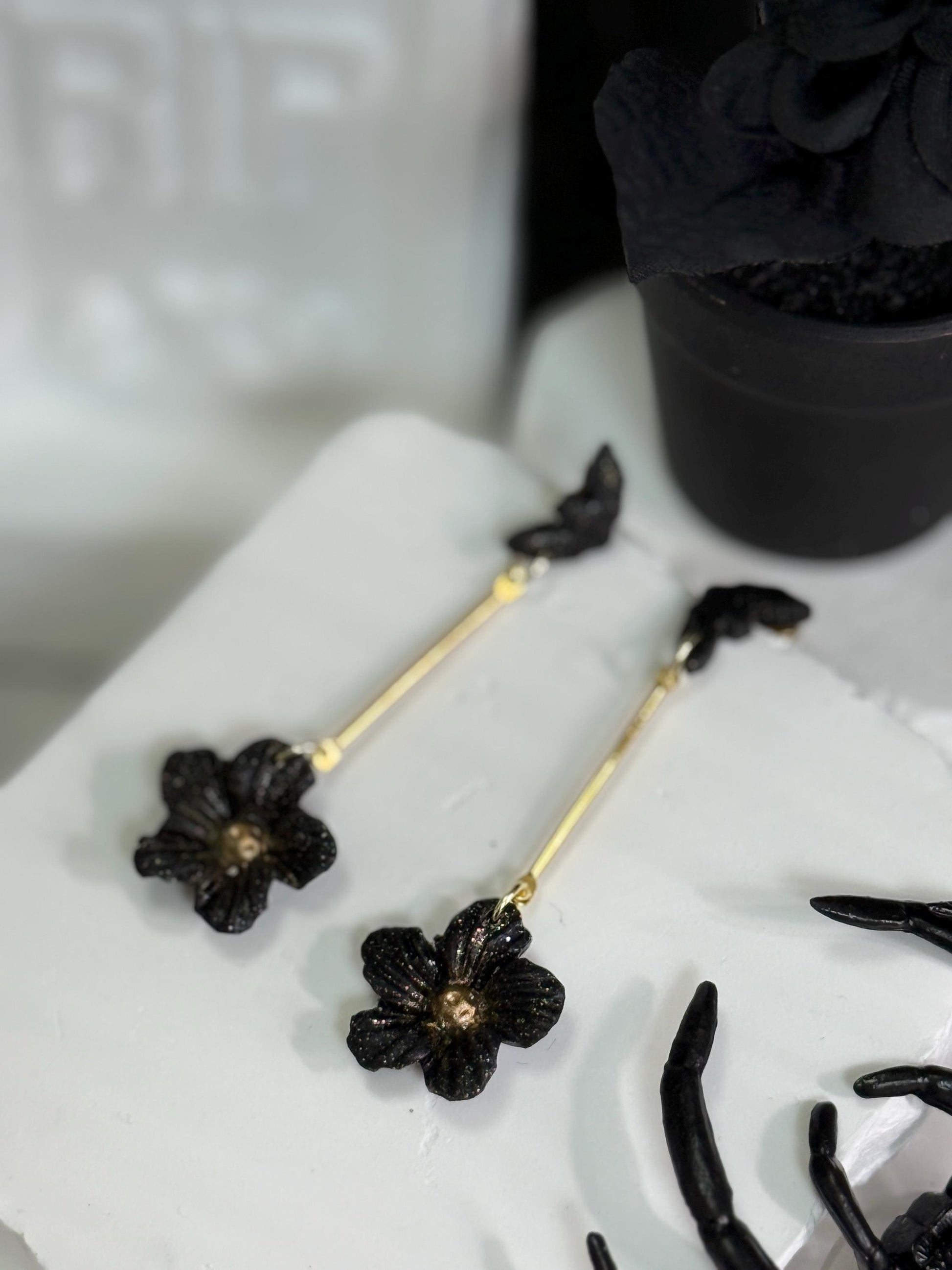 Black Bat & Flower Dangle Earrings: Handmade Polymer Clay Gothic Jewelry