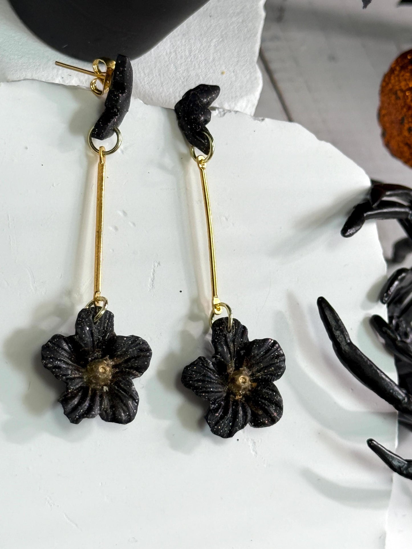 Black Bat & Flower Dangle Earrings: Handmade Polymer Clay Gothic Jewelry