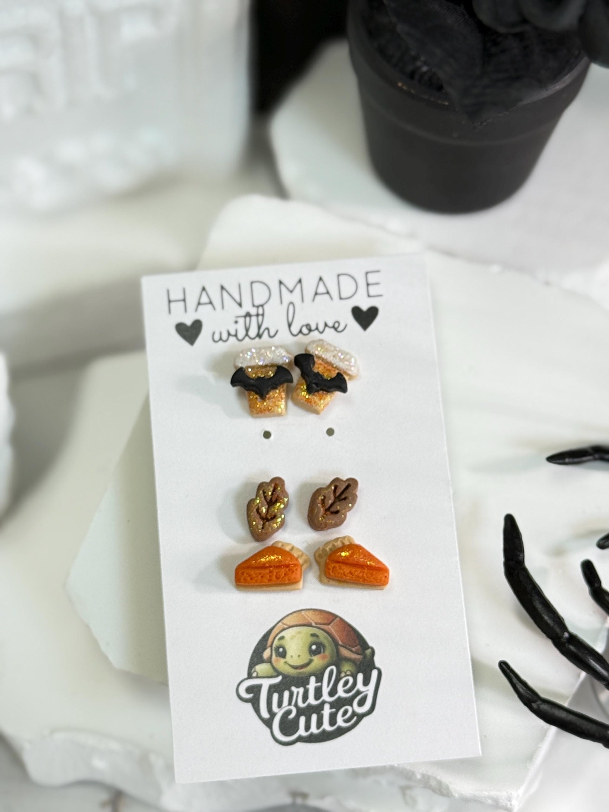 Fall Polymer Clay Stud Earring Set: Pumpkin Pie, PSL Coffee, Autumn Leaf