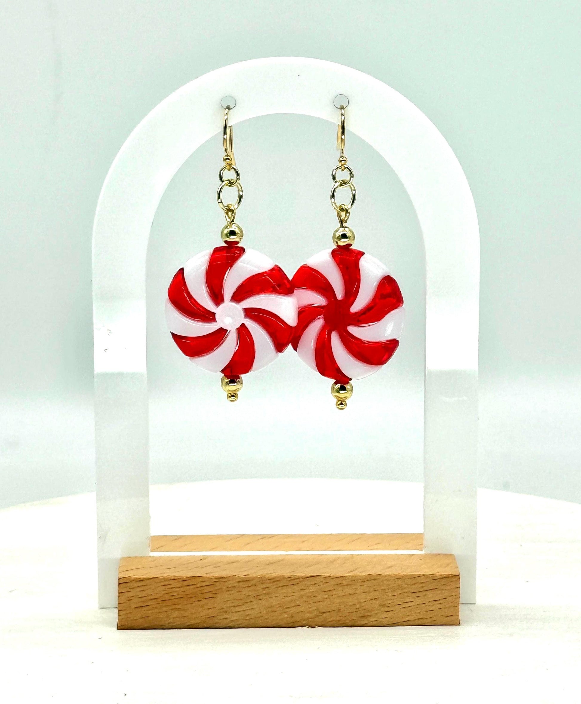 Handmade Peppermint Candy Dangle Earrings - Gold Hardware, Festive Holiday Jewelry