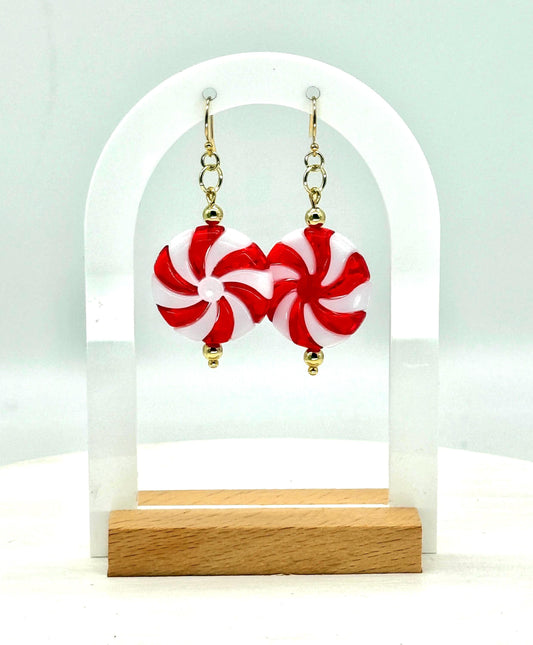 Handmade Peppermint Candy Dangle Earrings - Gold Hardware, Festive Holiday Jewelry
