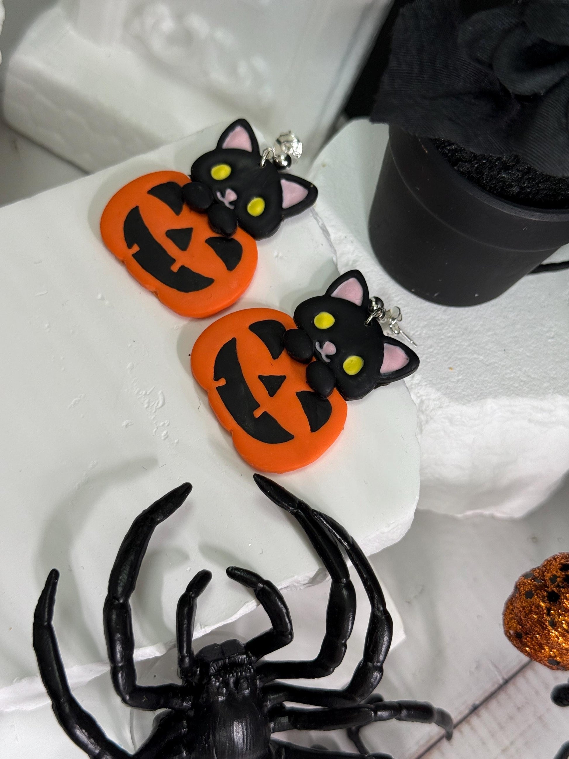 Black Cat Pumpkin Earrings: Kawaii Halloween Polymer Clay Dangles