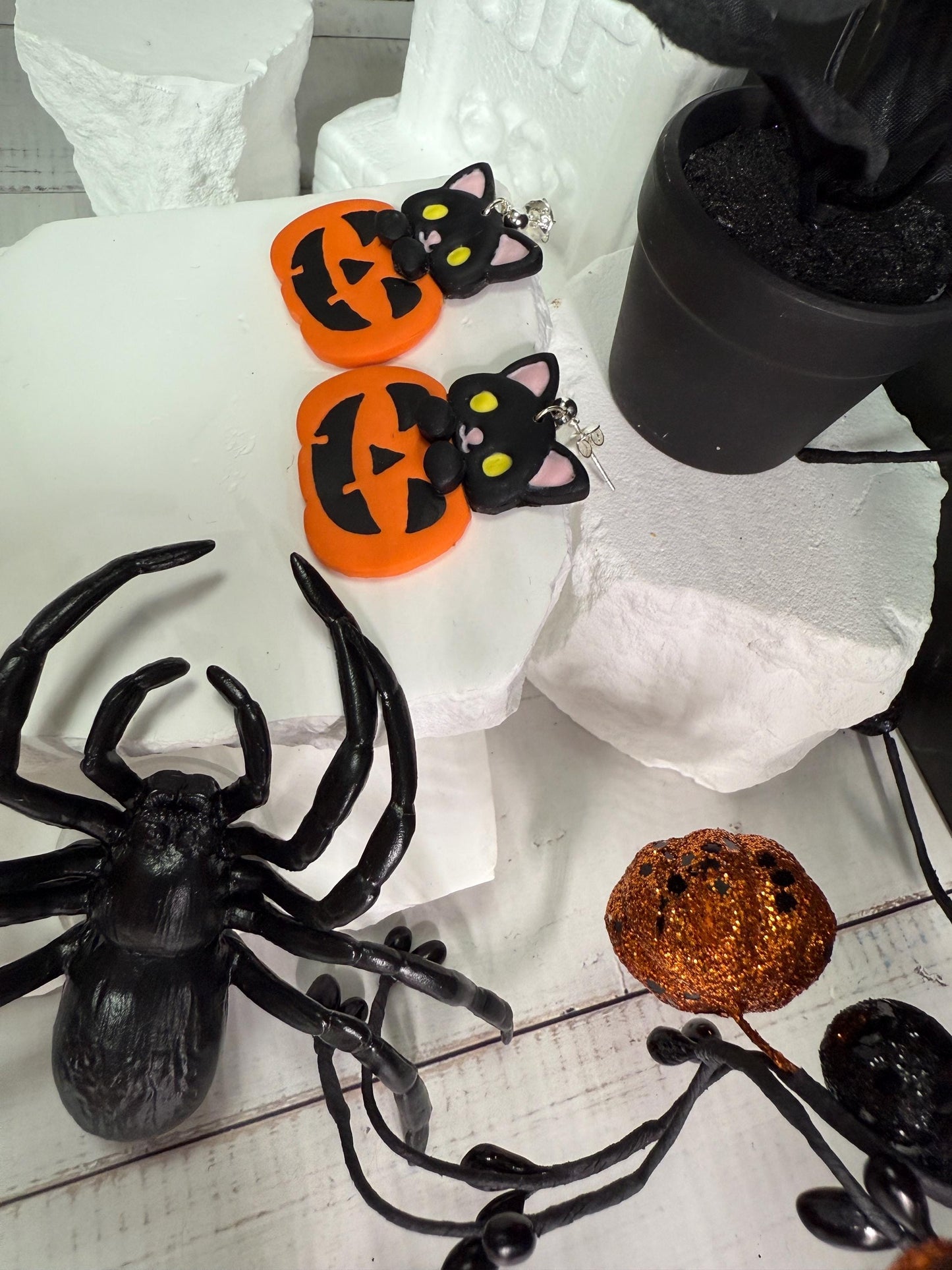 Black Cat Pumpkin Earrings: Kawaii Halloween Polymer Clay Dangles