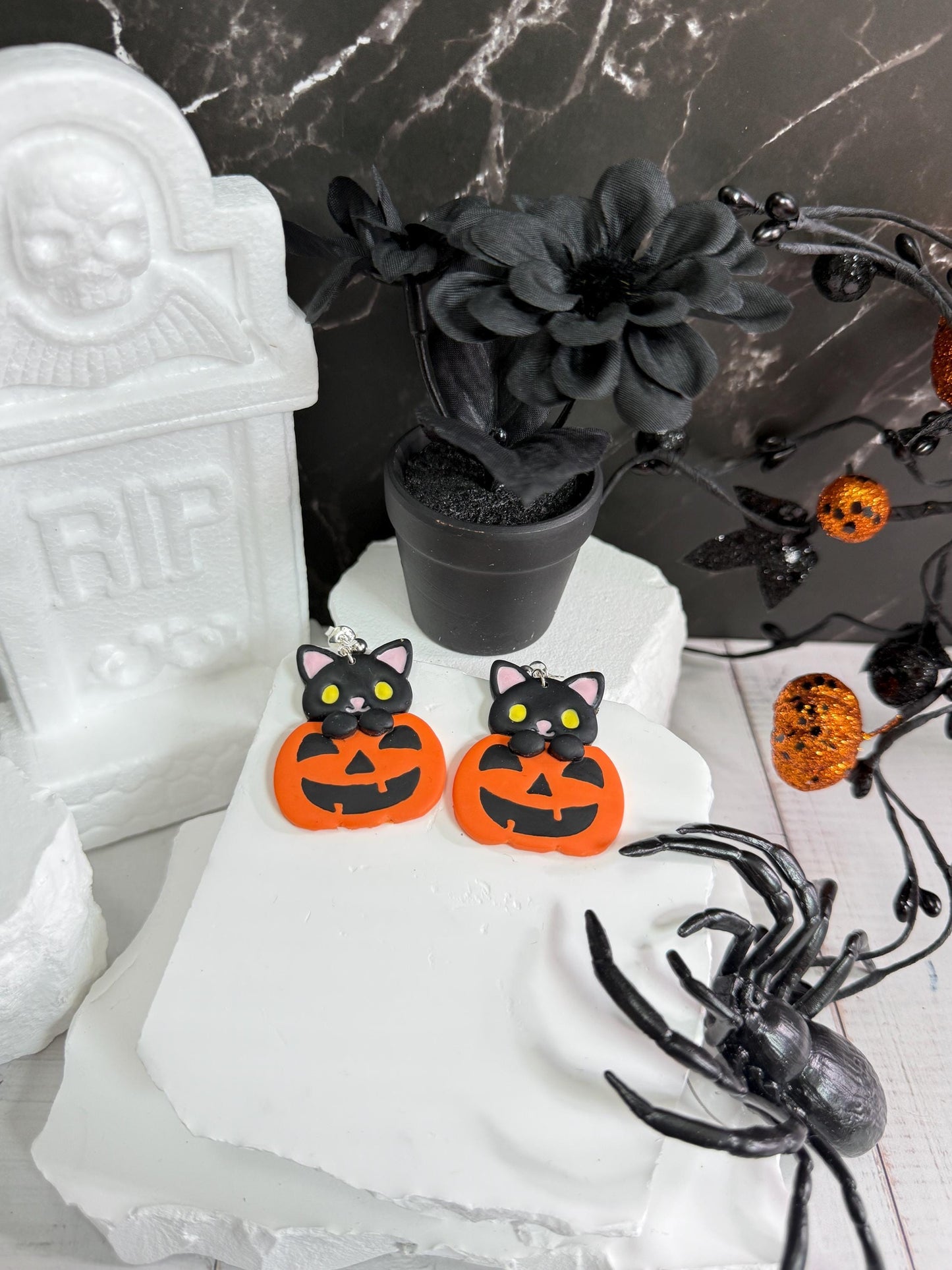 Black Cat Pumpkin Earrings: Kawaii Halloween Polymer Clay Dangles