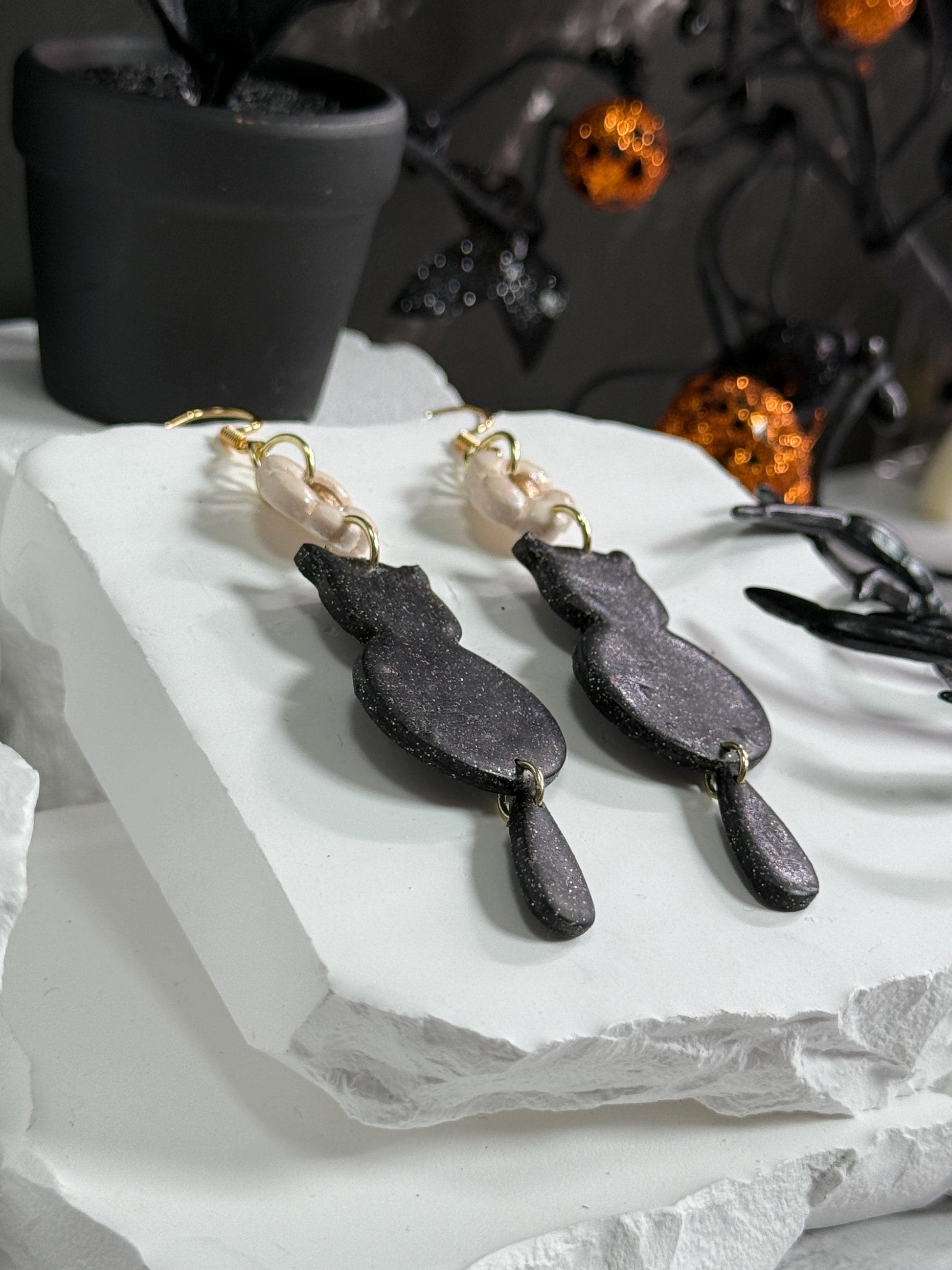 Black Cat Dangle Earrings: Polymer Clay Kitty, Halloween Jewelry