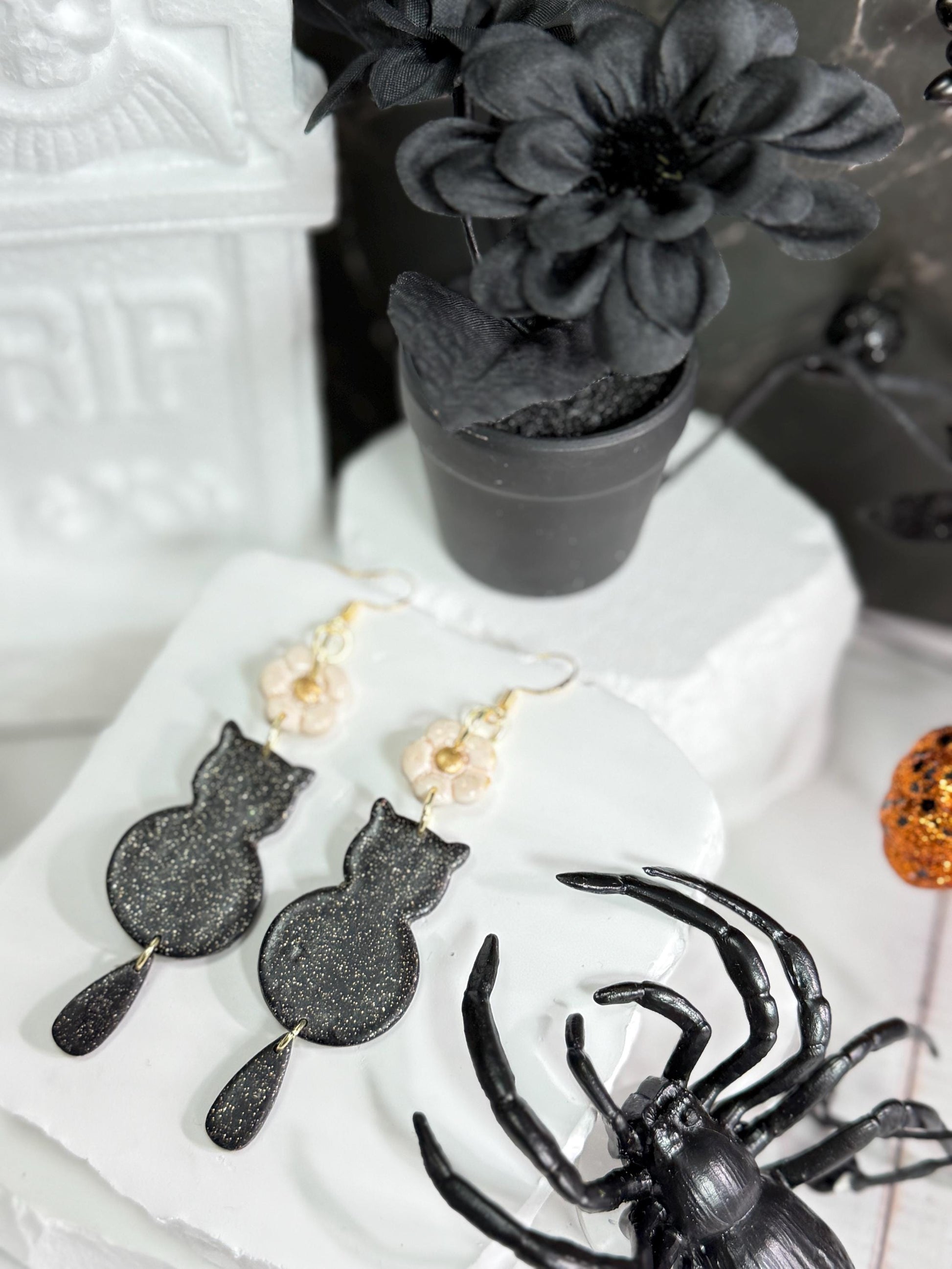 Black Cat Dangle Earrings: Polymer Clay Kitty, Halloween Jewelry