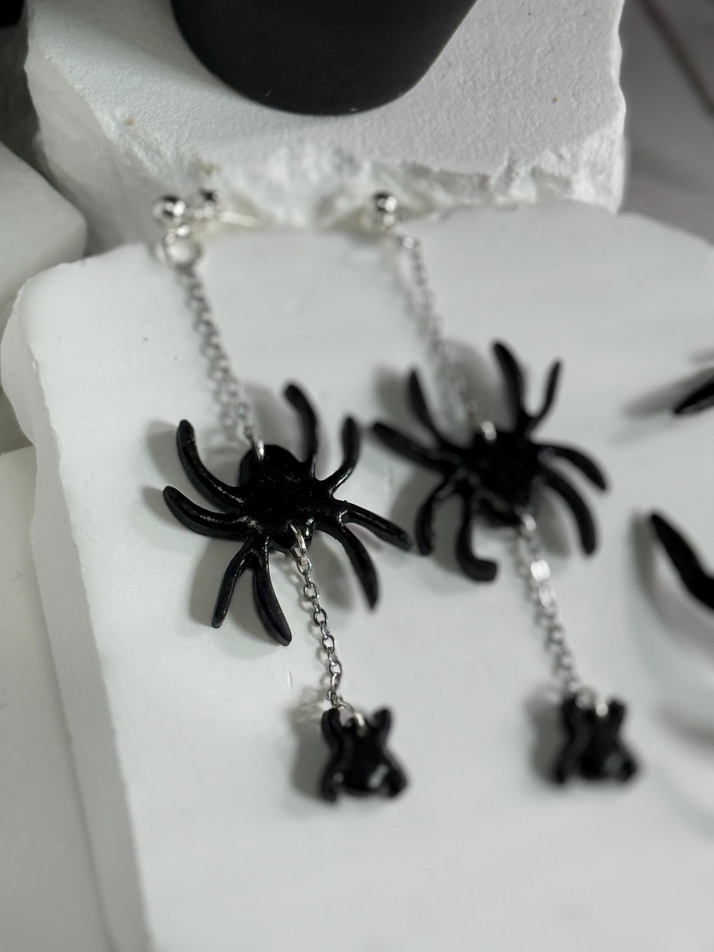 Sterling Silver Spider Dangle Earrings: Handmade Polymer Clay Halloween Jewelry