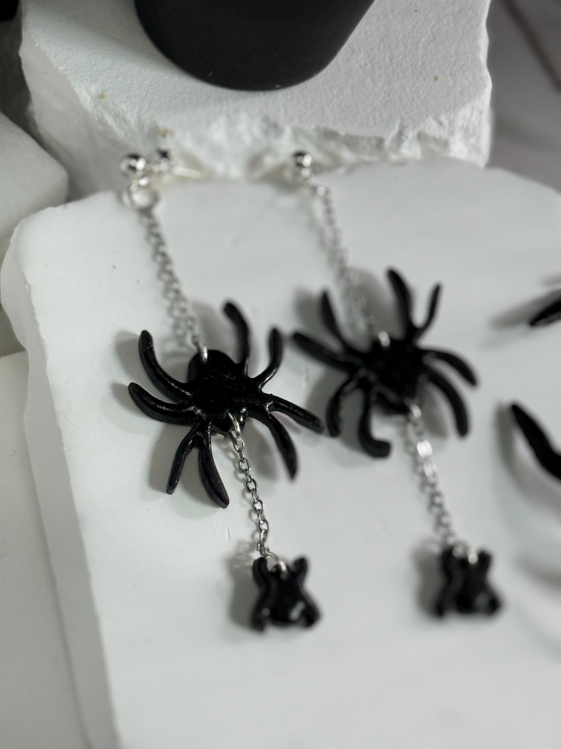 Sterling Silver Spider Dangle Earrings: Handmade Polymer Clay Halloween Jewelry