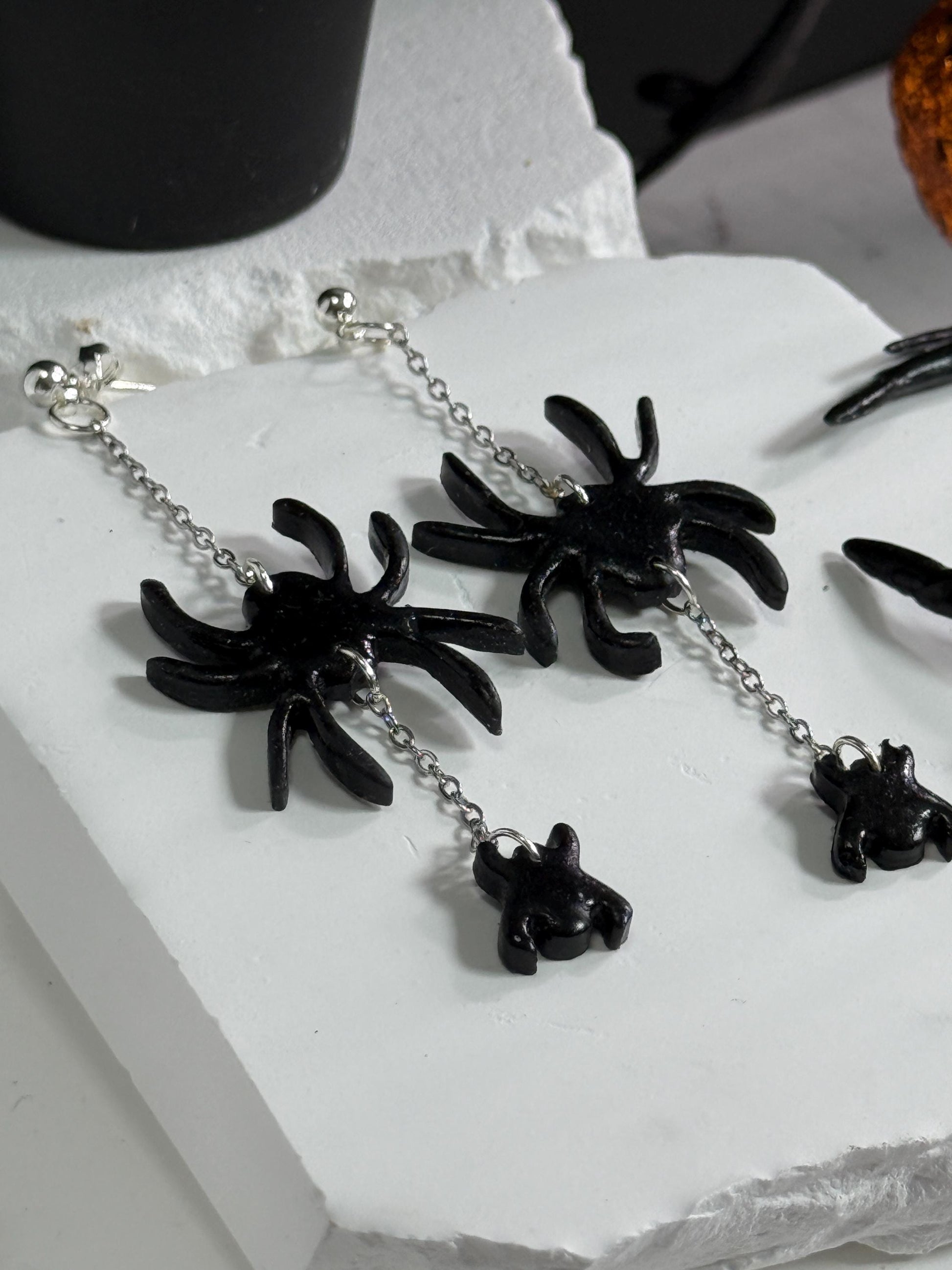 Sterling Silver Spider Dangle Earrings: Handmade Polymer Clay Halloween Jewelry